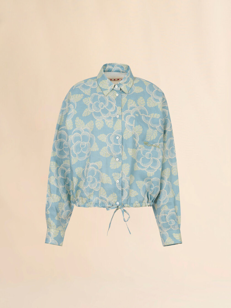 BLUE RAMIE DRAWSTRING SHIRT WITH BANJO PRINT 1