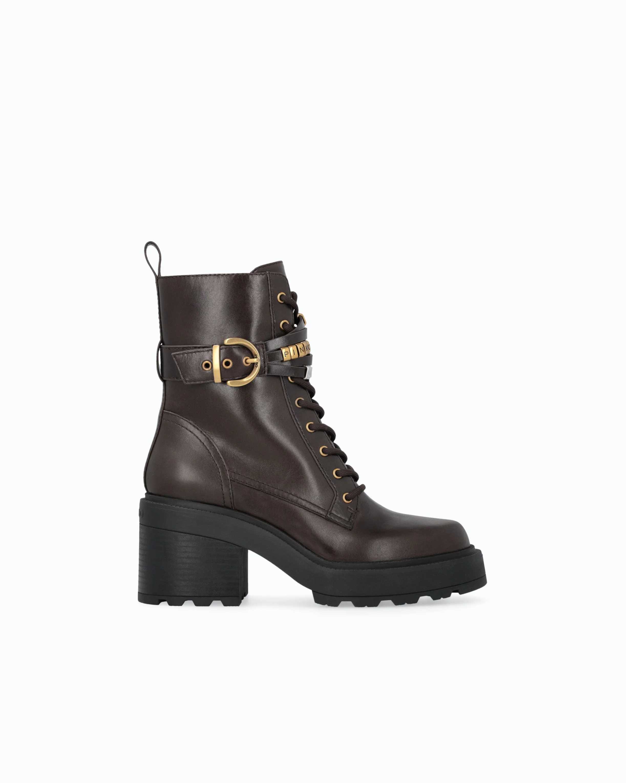LEATHER COMBAT ANKLE BOOTS WITH HEEL AND STRAP - 1