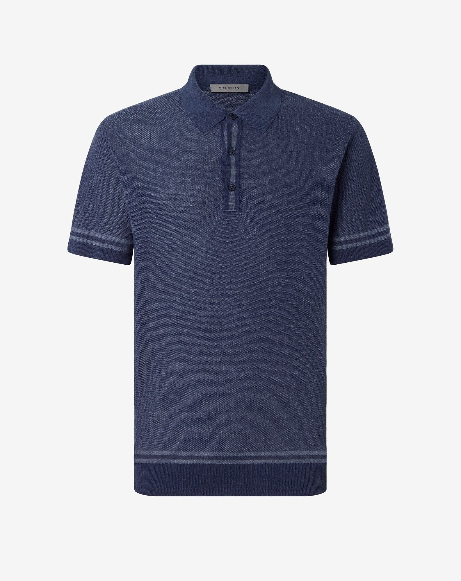 Denim blue linen and silk polo shirt with buttons - 1