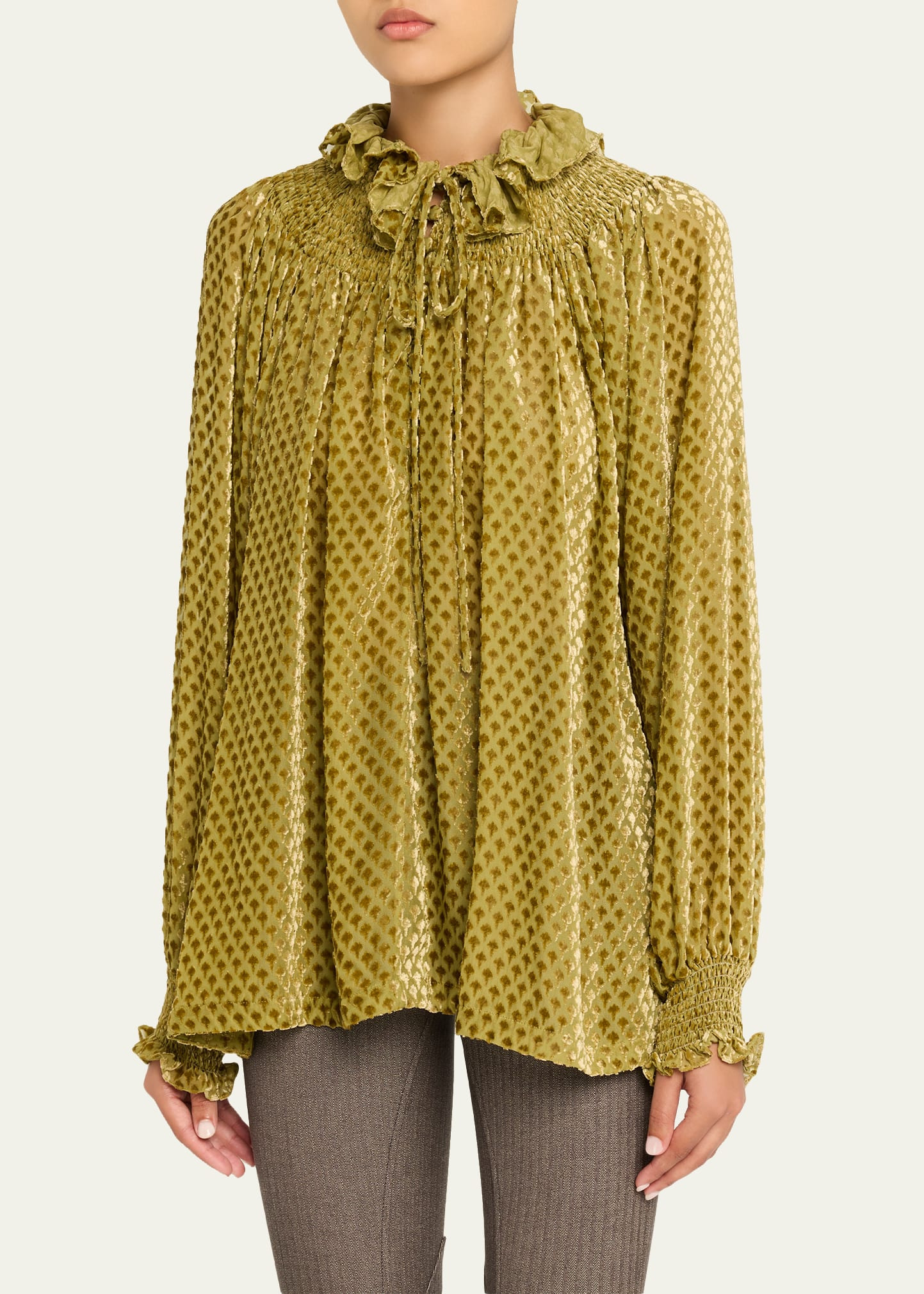 Velvet Smocked Ruffle Blouse - 4