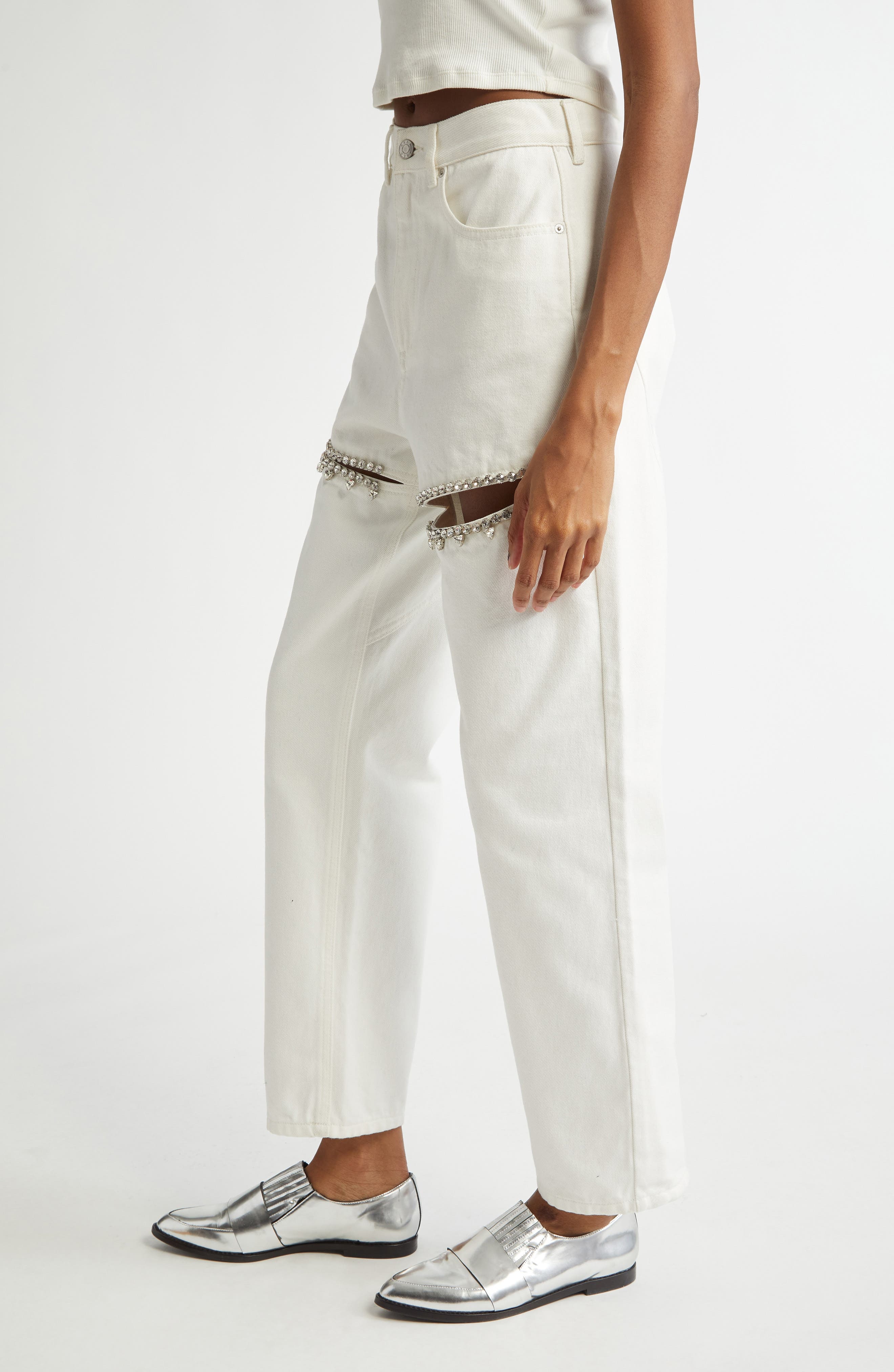 Area Crystal Slit Straight Leg Jeans in White at Nordstrom - 4