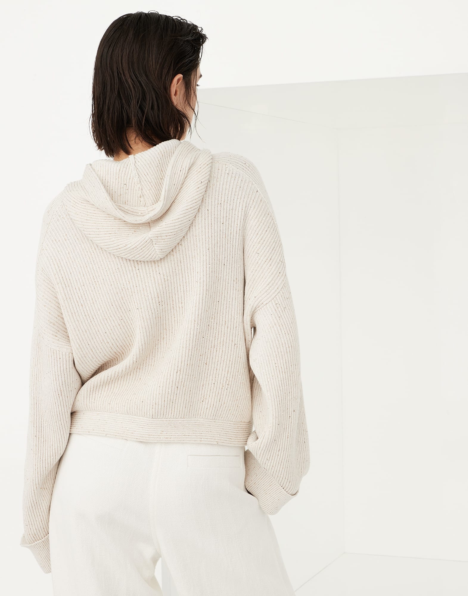 Cotton diamond yarn English rib hooded cardigan with shiny tab - 2