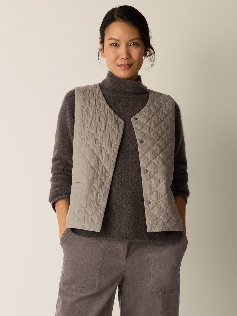EILEEN FISHER Eggshell Recycled Nylon Quilted V-Neck Vest outlook