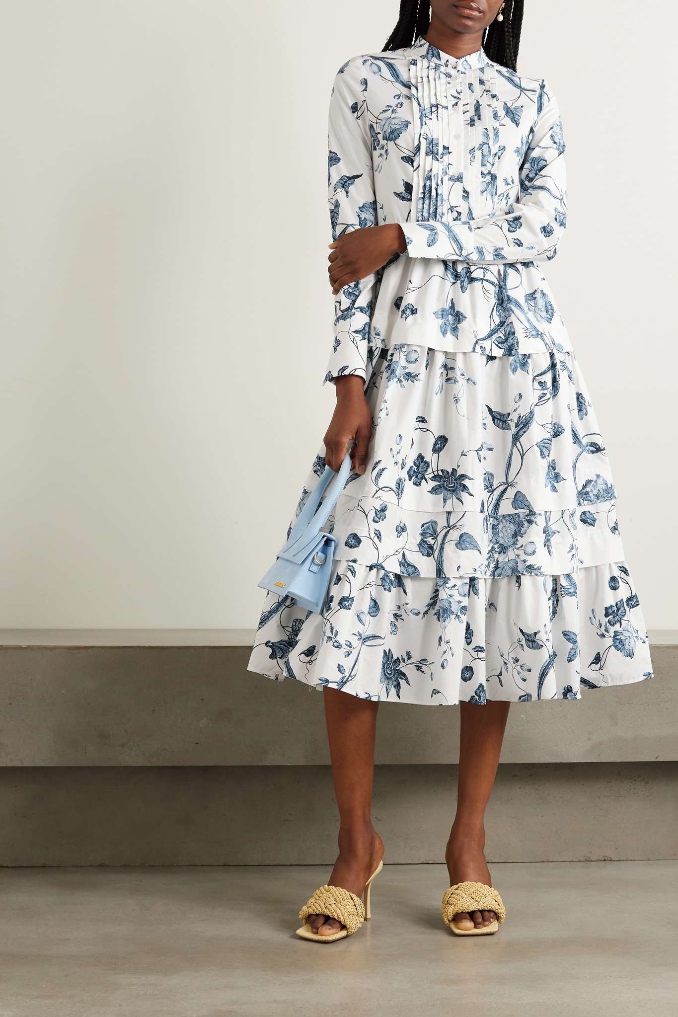 Erdem Pintucked tiered floral-print cotton-poplin midi dress 