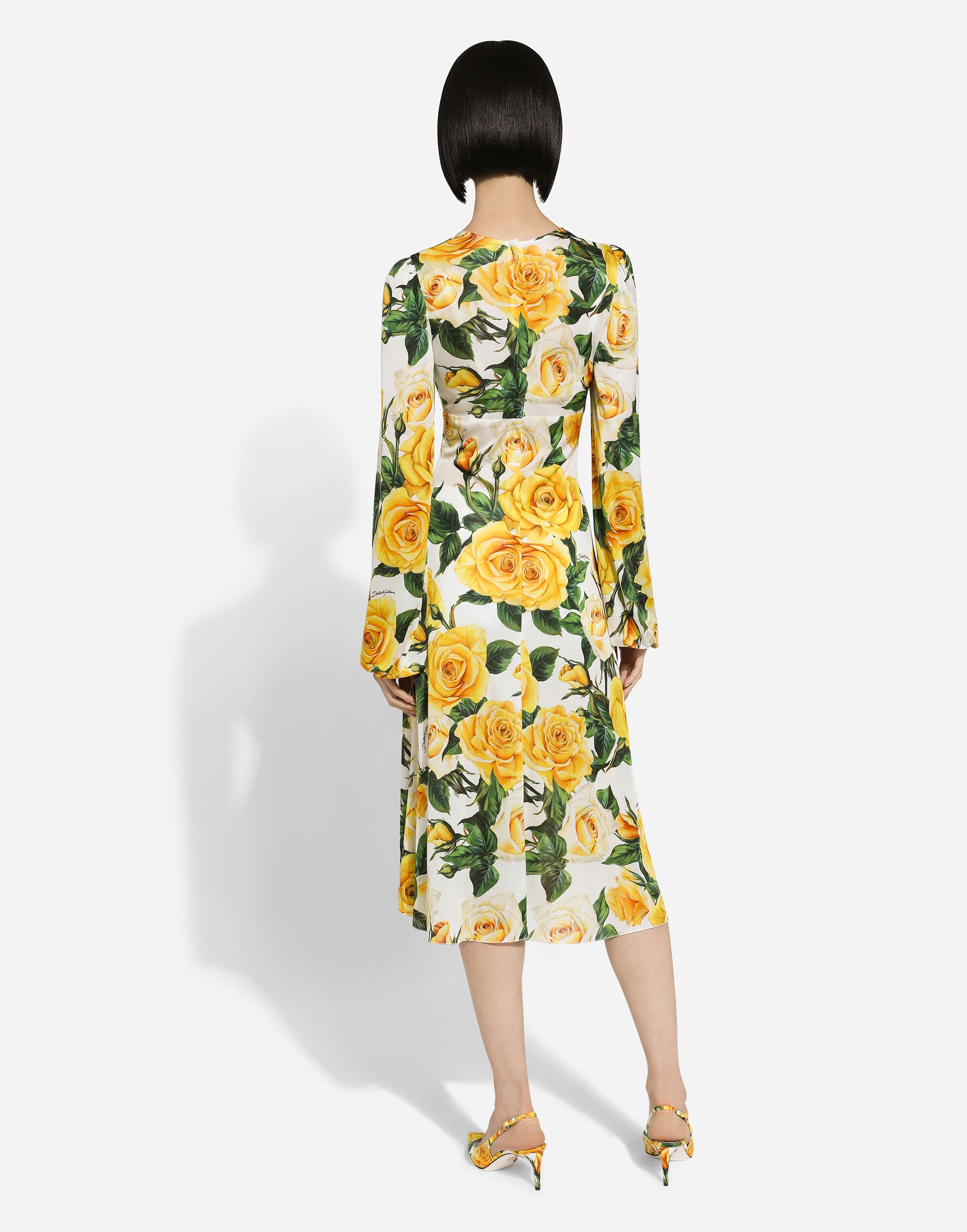 Organzine V-neck dress with yellow rose print - 3