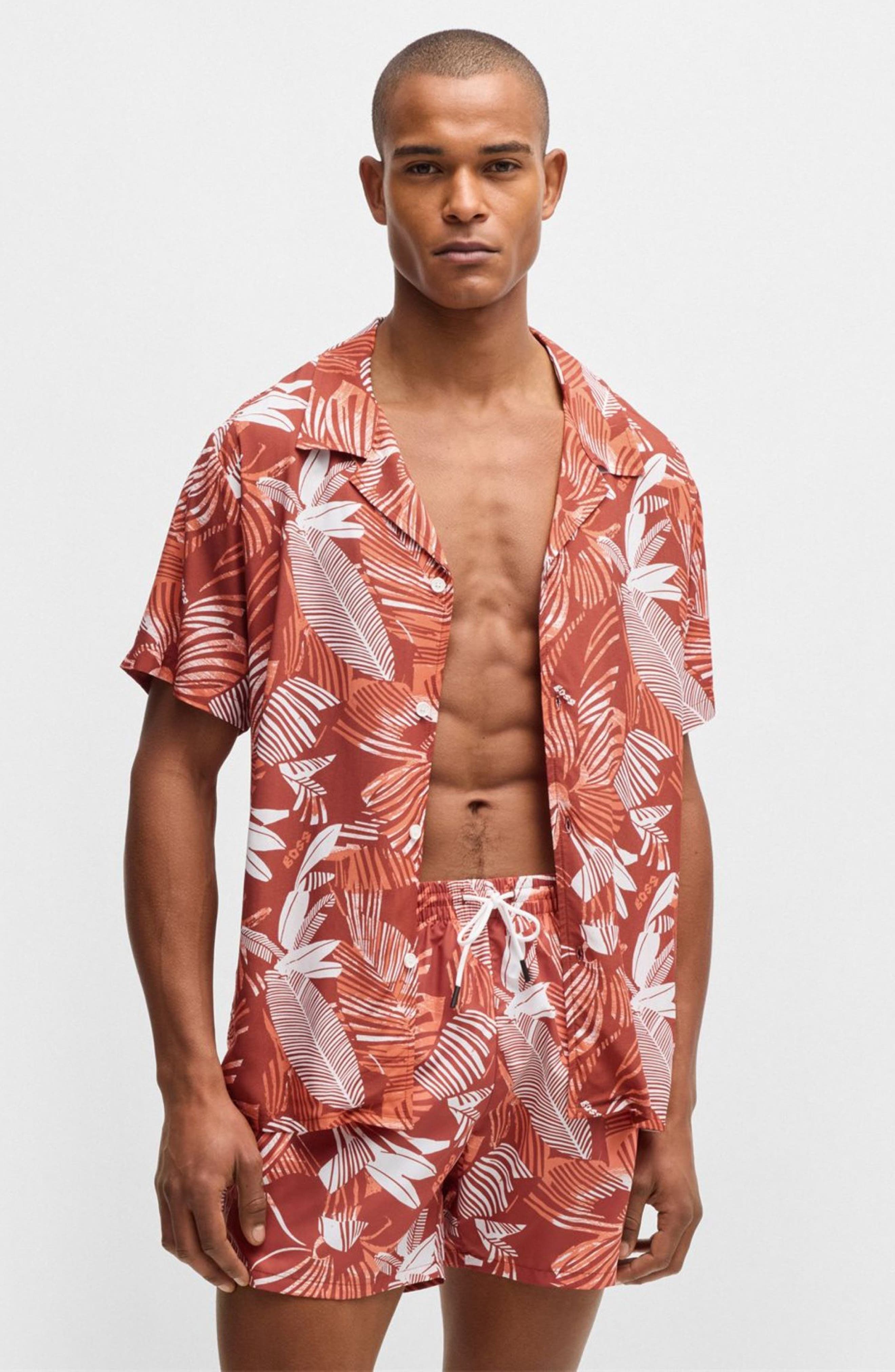 BOSS Piranha Floral Swim Trunks in Bright Orange at Nordstrom - 4