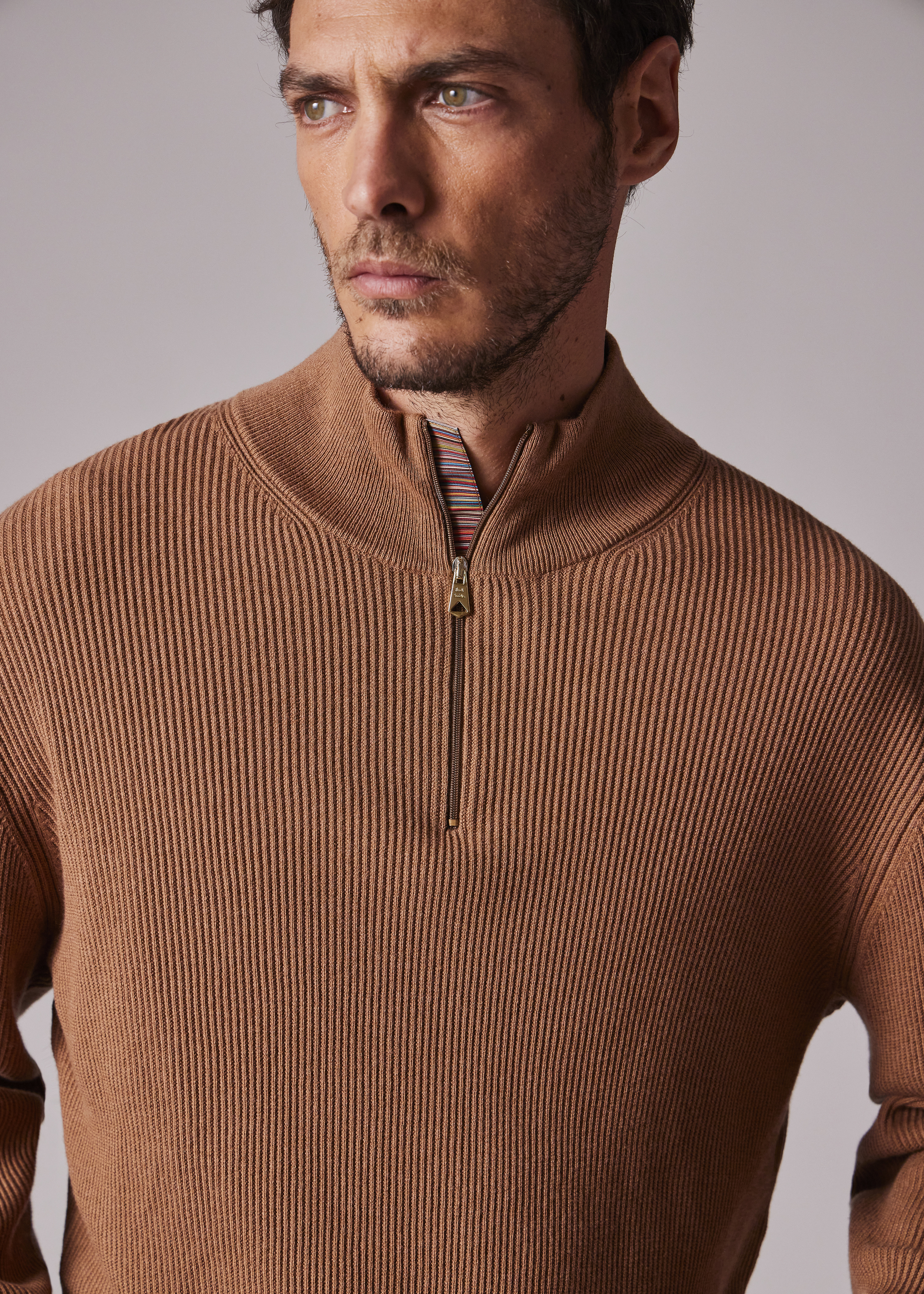 Chestnut Wool-Blend Half Zip Ribbed Knitted Sweater - 4