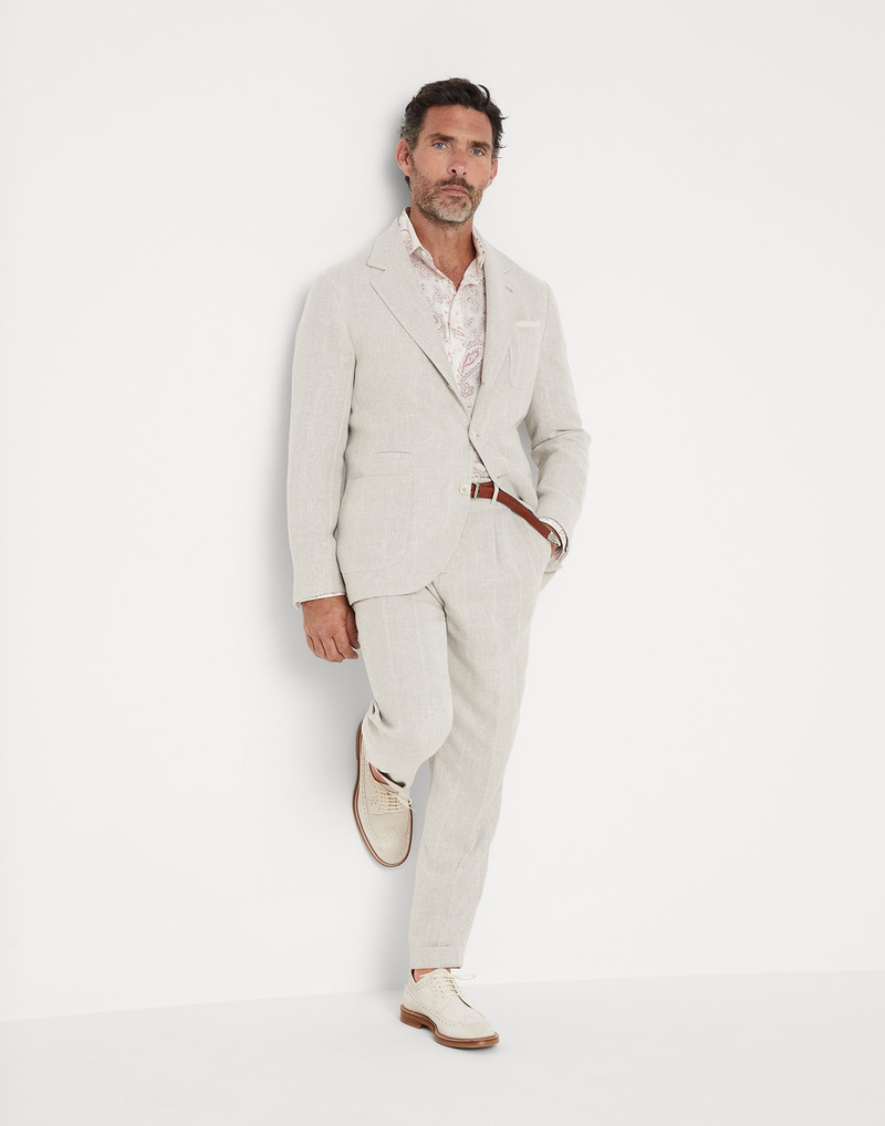 Linen, silk, wool and cotton textured chalk stripe deconstructed blazer with patch pockets 5