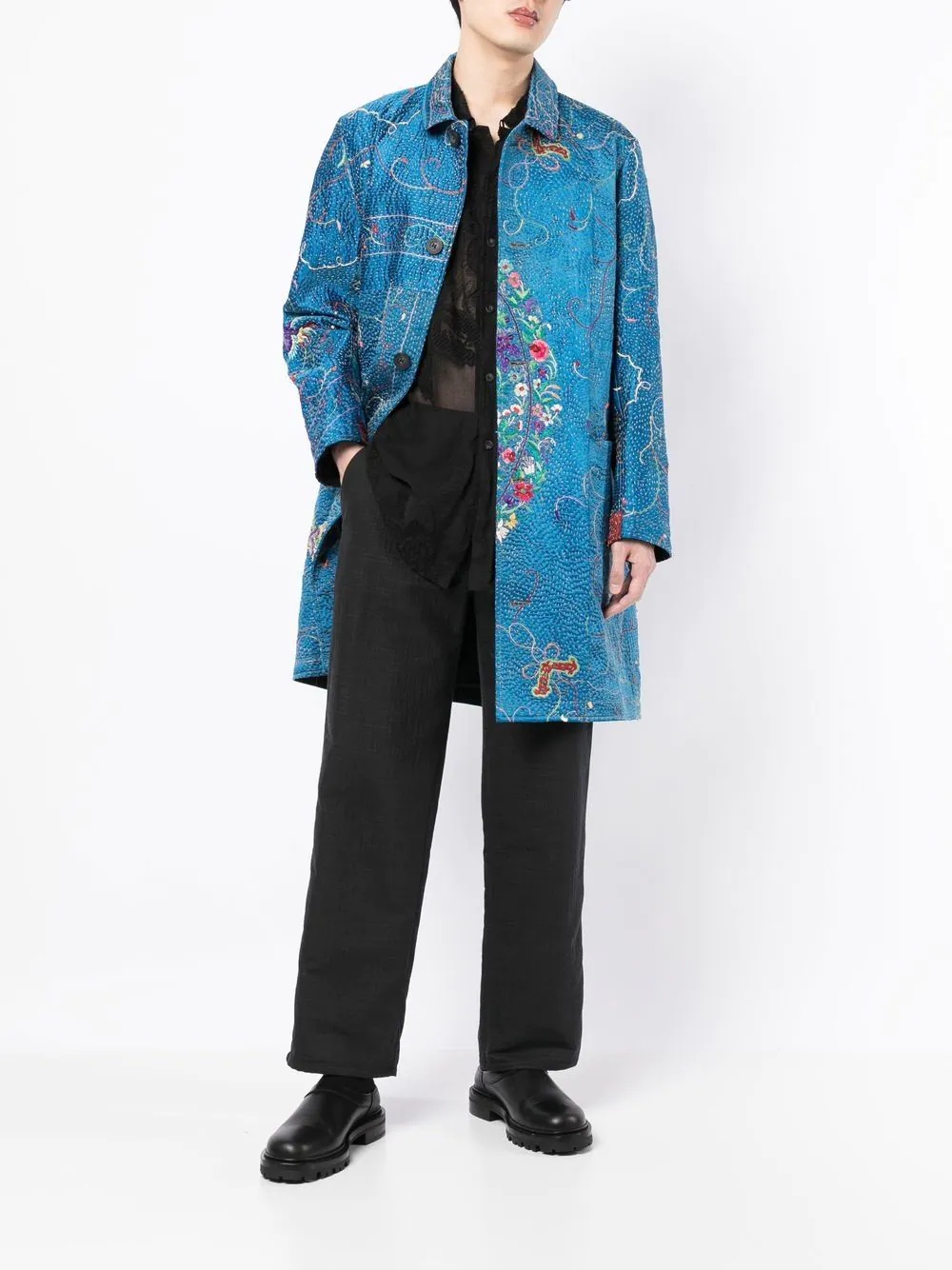 embroidered buttoned single-breasted coat - 2