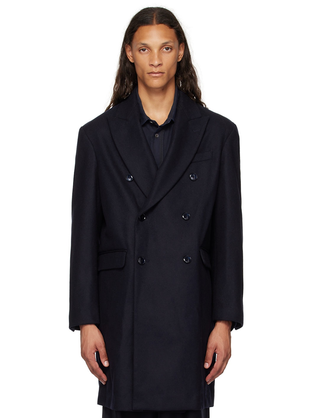 Navy Double Breasted Coat - 1