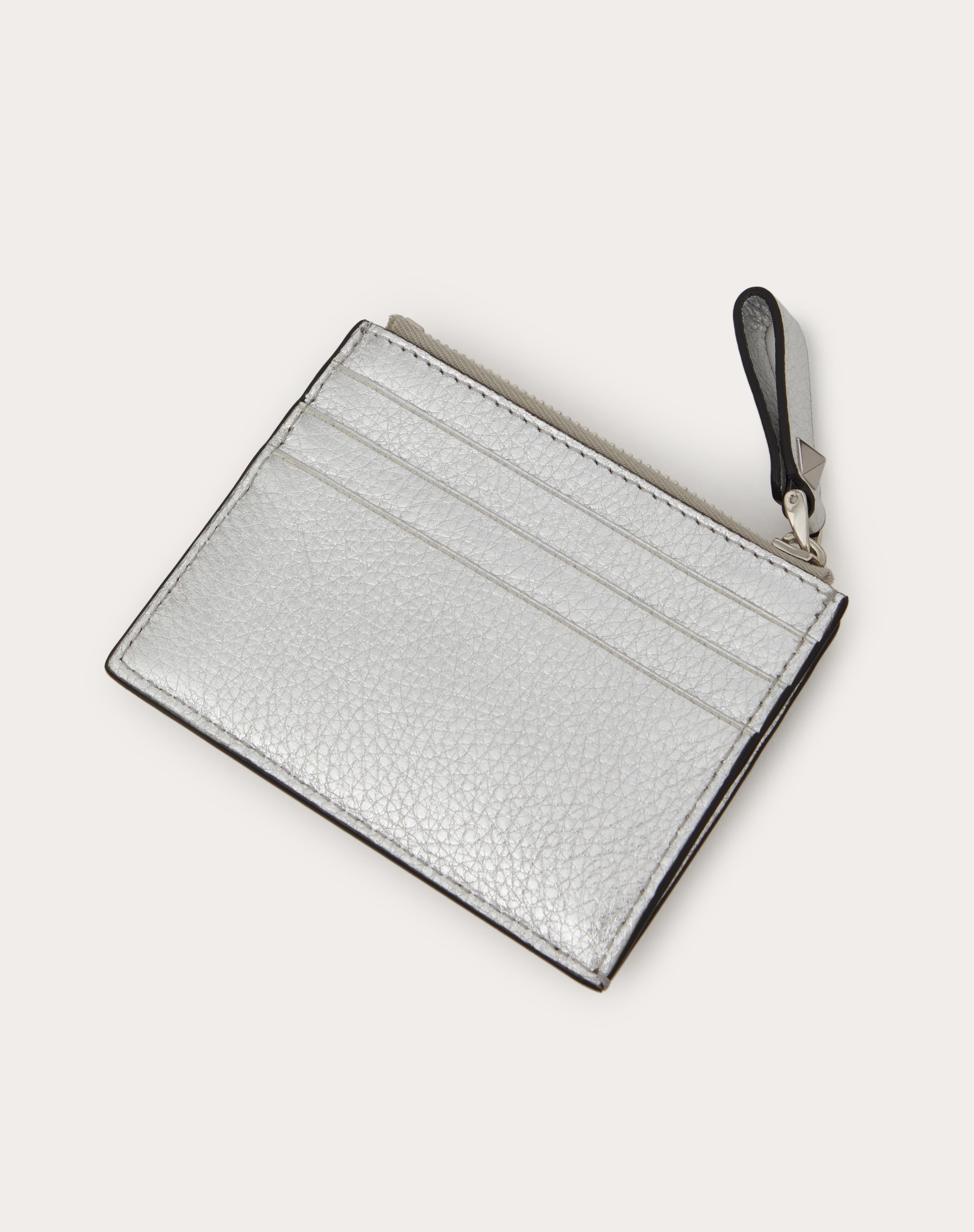 ROCKSTUD GRAINY METALLIC CALFSKIN CARD HOLDER WITH ZIPPER - 3