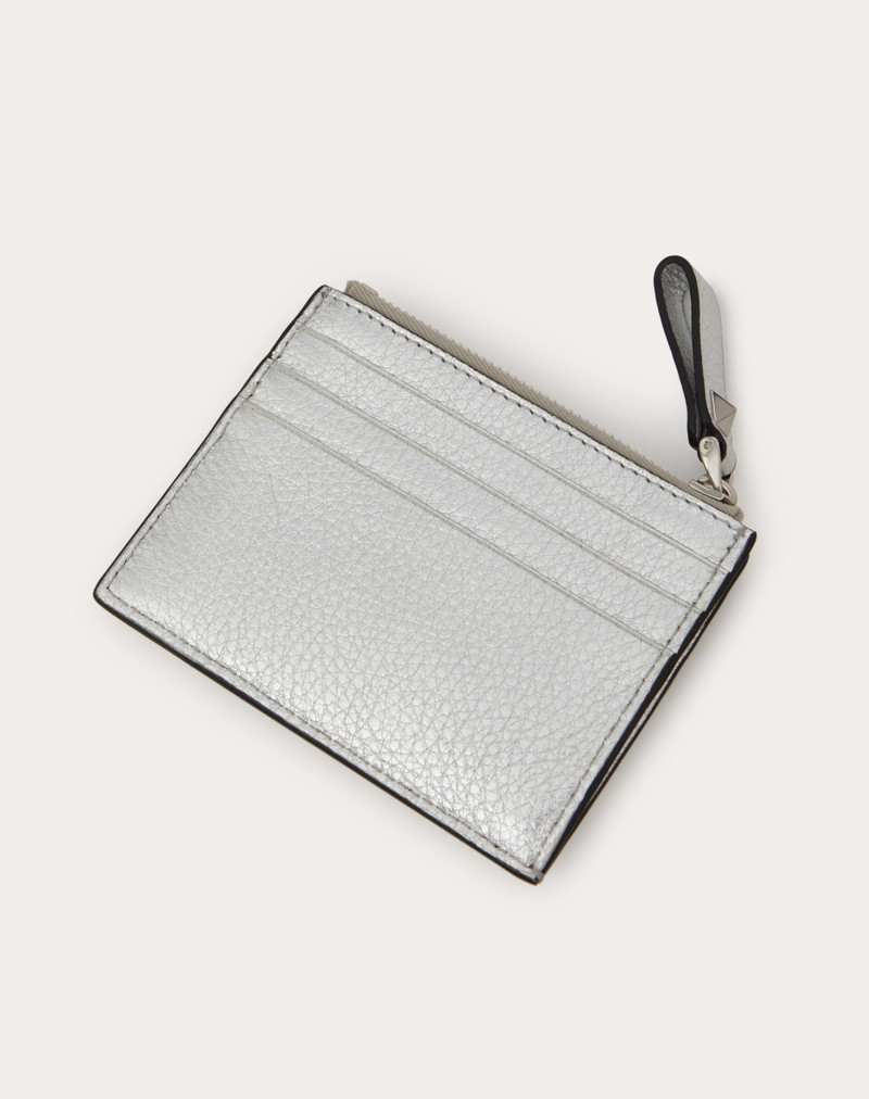 ROCKSTUD GRAINY METALLIC CALFSKIN CARD HOLDER WITH ZIPPER 3