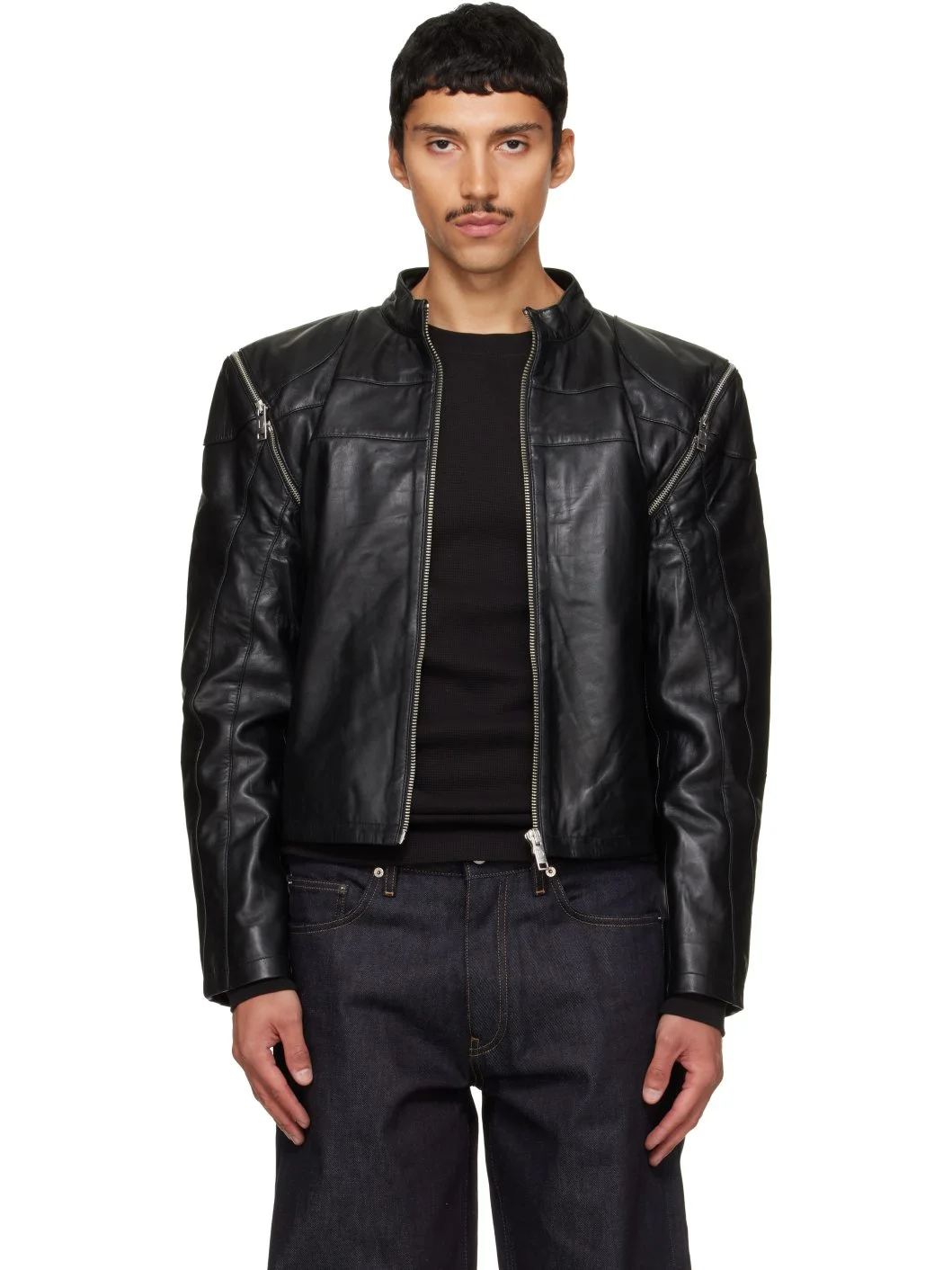Black Dita Detachable Sleeves Leather Jacket - 1