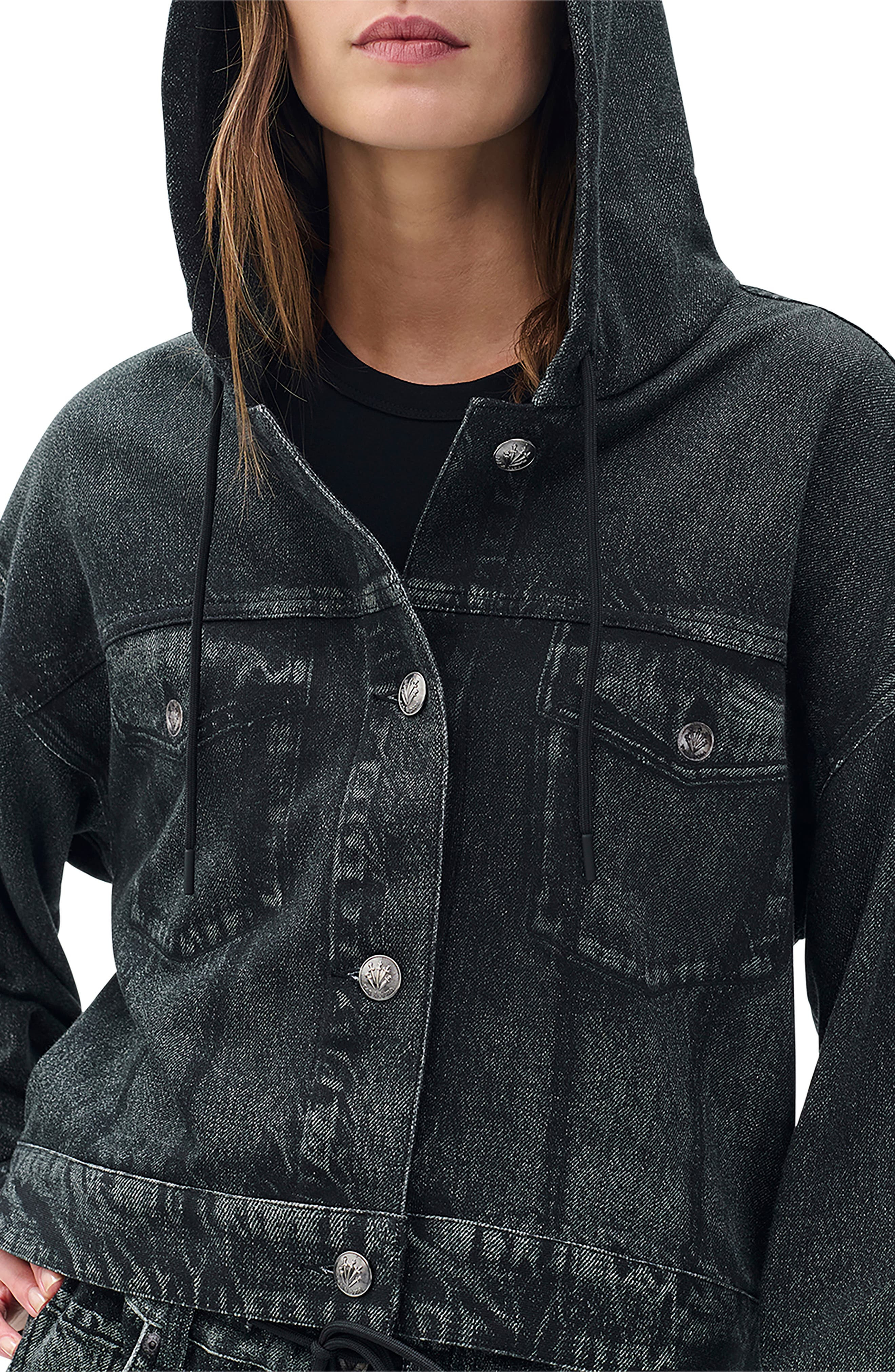 rag & bone Miramar Hooded Trompe l'Oeil Faux Denim Terry Trucker Jacket in Faded Black at Nordstrom - 4