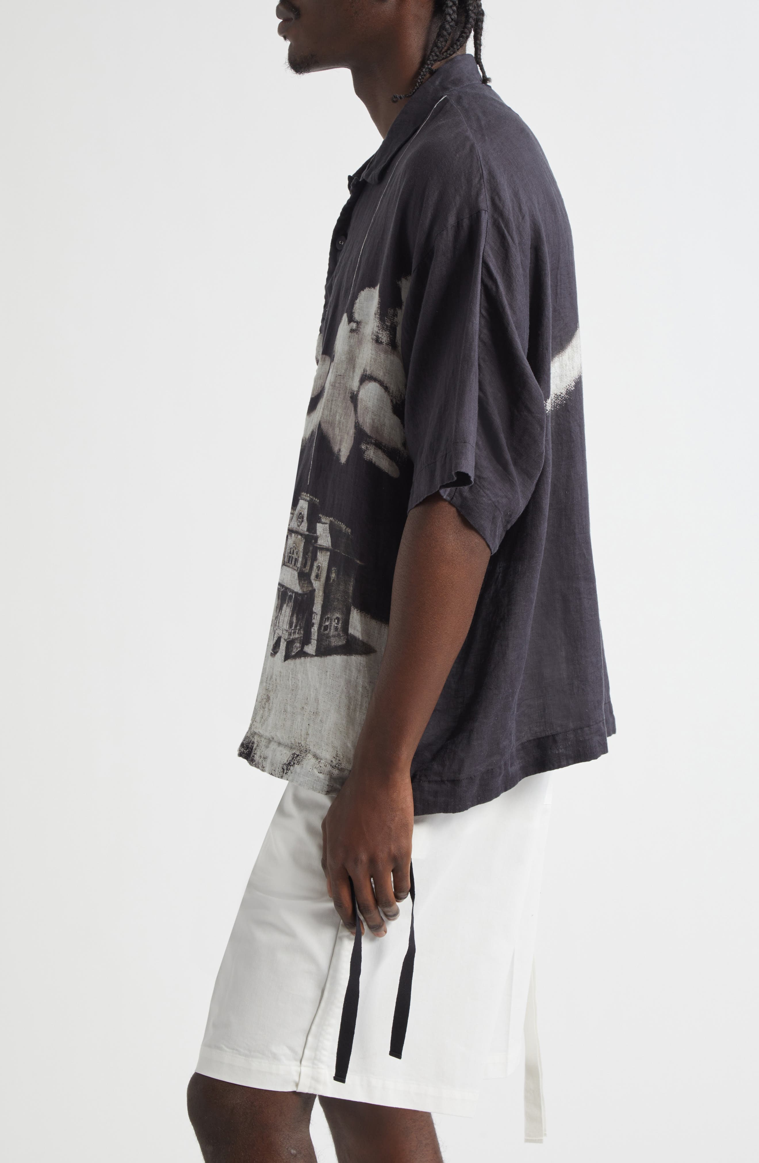 Undercover Oversize Short Sleeve Linen Button-Up Shirt in Black Base at Nordstrom - 3