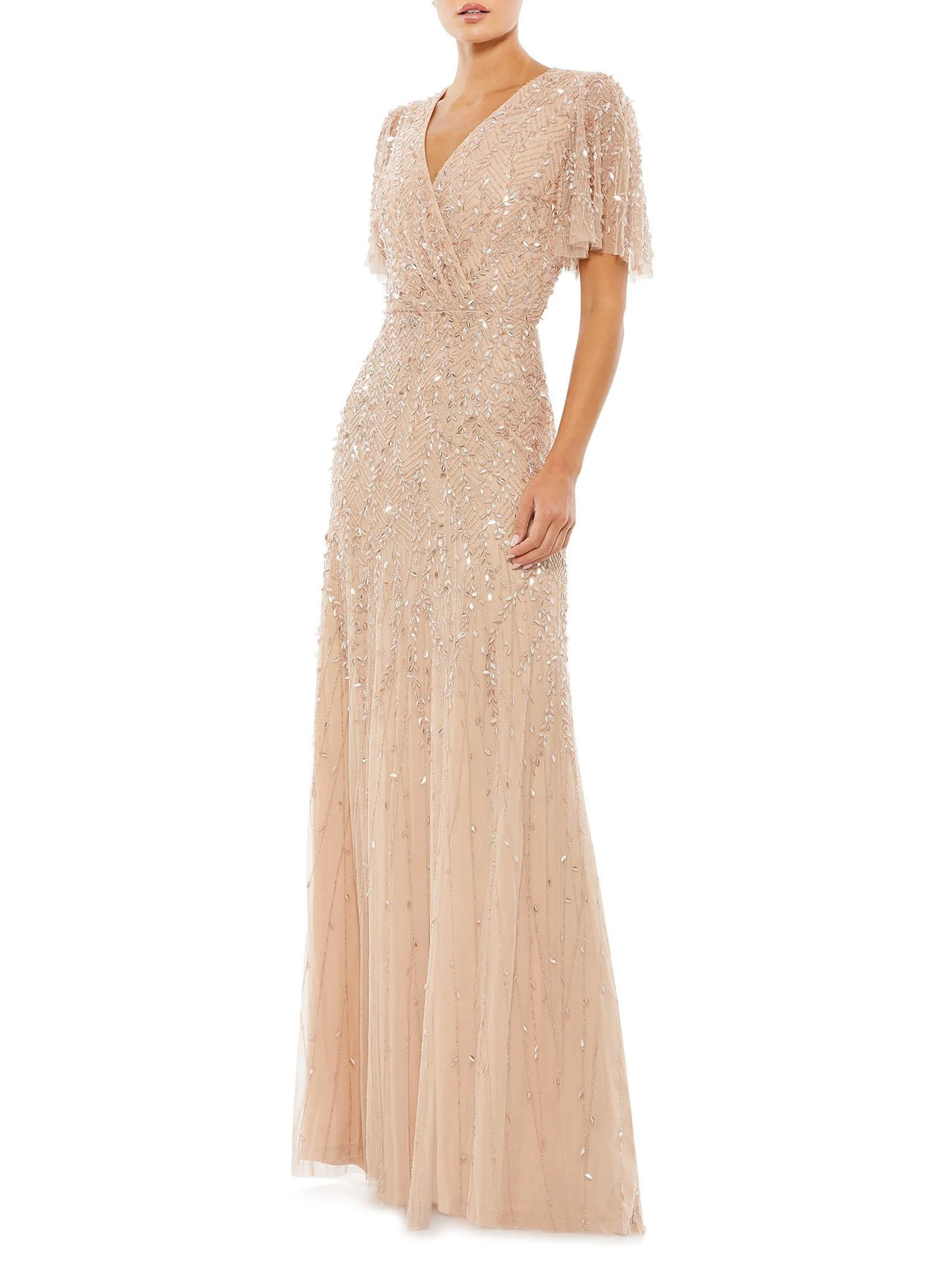 Women's Sequined Beaded Tulle Gown - Beige - 1