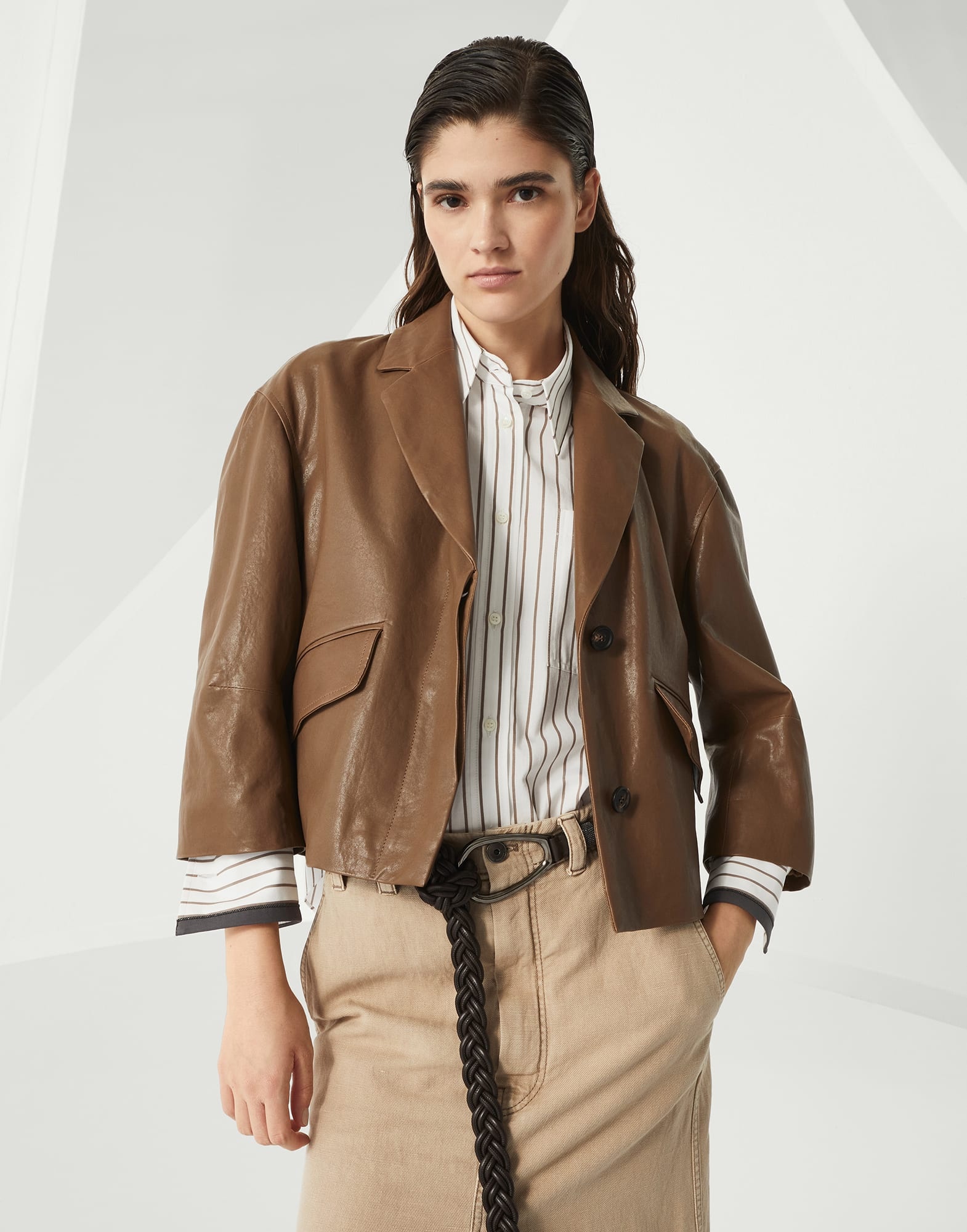 Polished leather outerwear blazer  with monili - 4