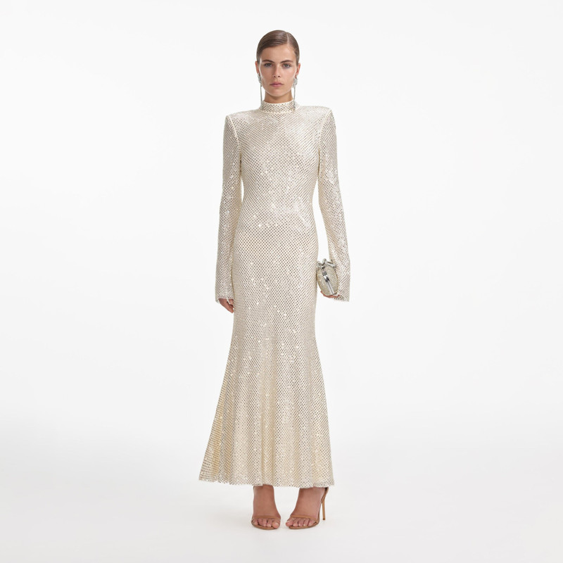 self-portrait Cream Square Rhinestone Fishnet Midi Dress - SC24-008M-C |  REVERSIBLE