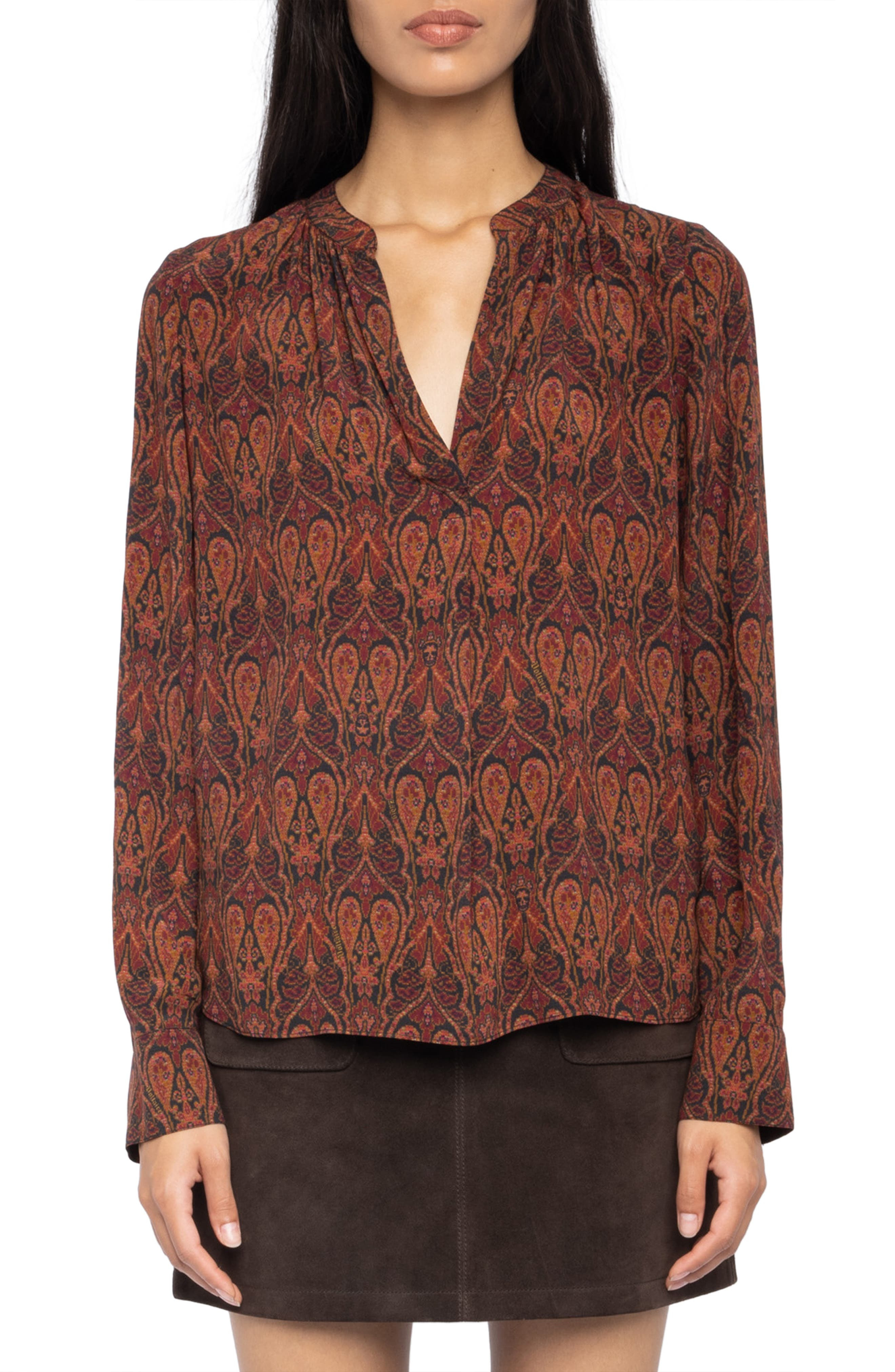 Zadig & Voltaire Tinko Paisley Print Long Sleeve Shirt in Brown/Black at Nordstrom - 1
