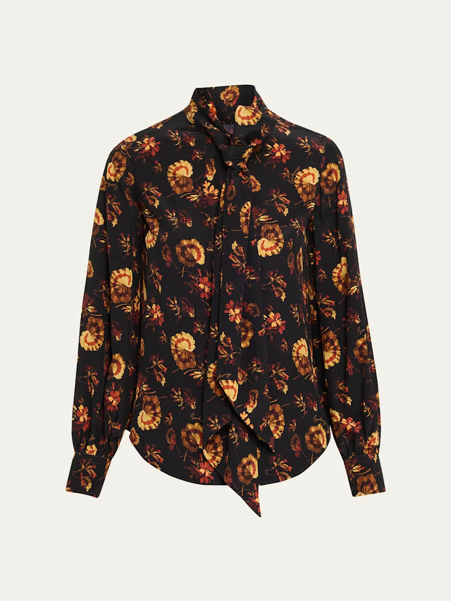 Lina Floral Silk Neck-Scarf Button-Down Shirt - 1