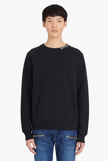 Black cotton sweatshirt with white Balmain logo print neckline - 5