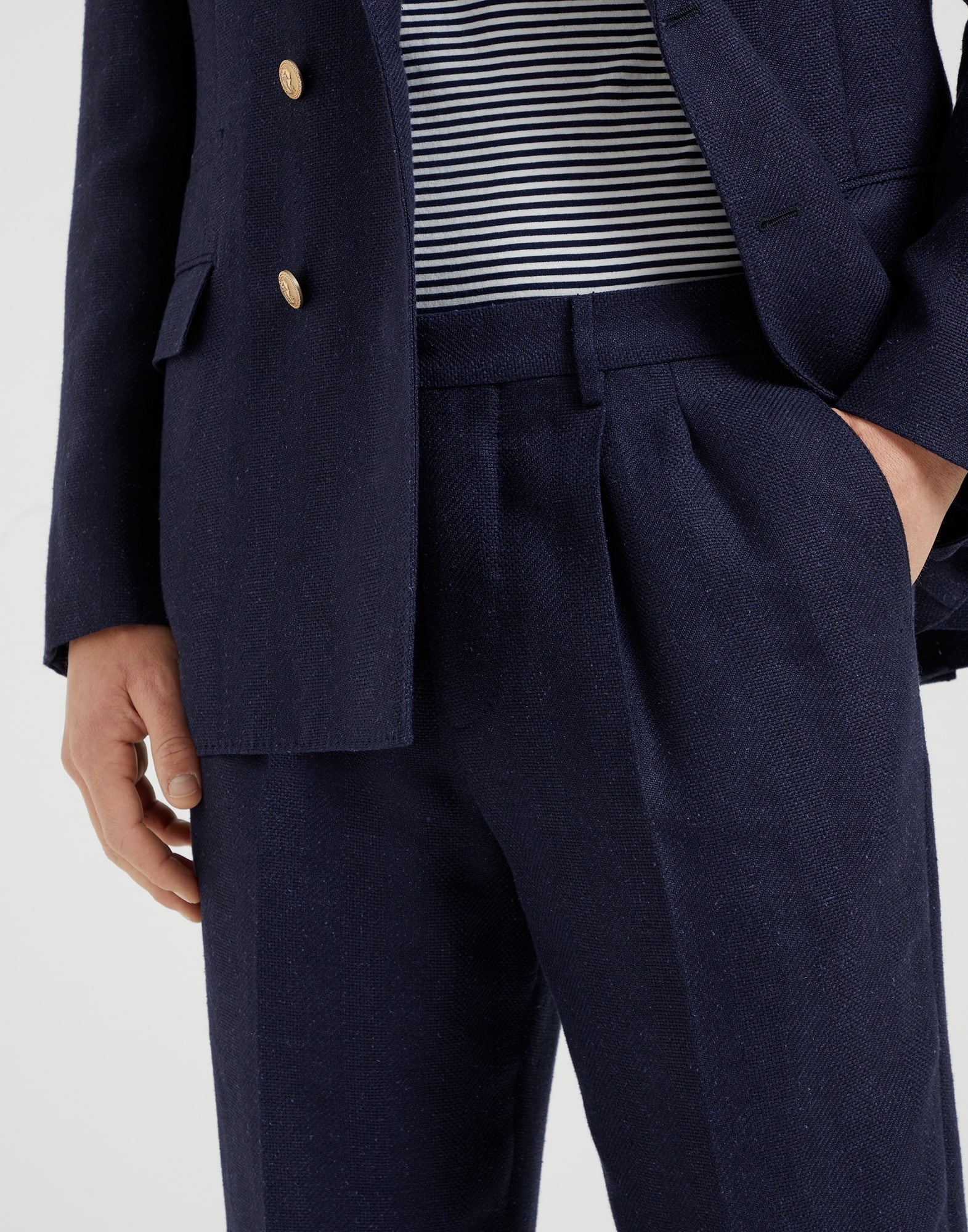 Linen, silk, wool and cotton textured stripe diagonal leisure fit trousers with double pleats - 3
