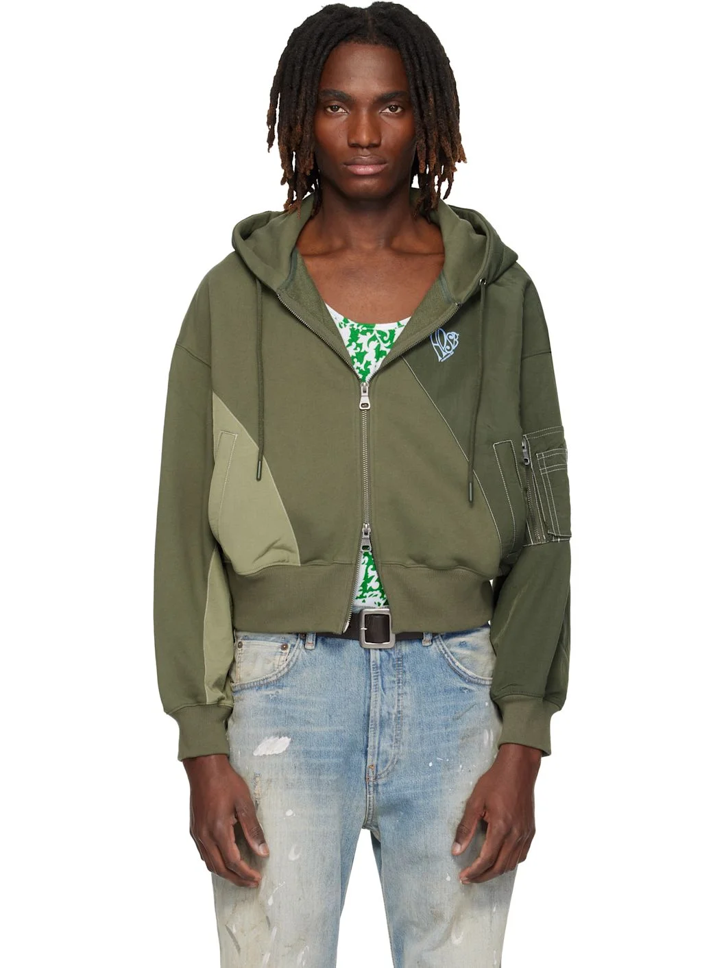 Khaki Patchwork MA-1 Zip Up Hoodie - 1