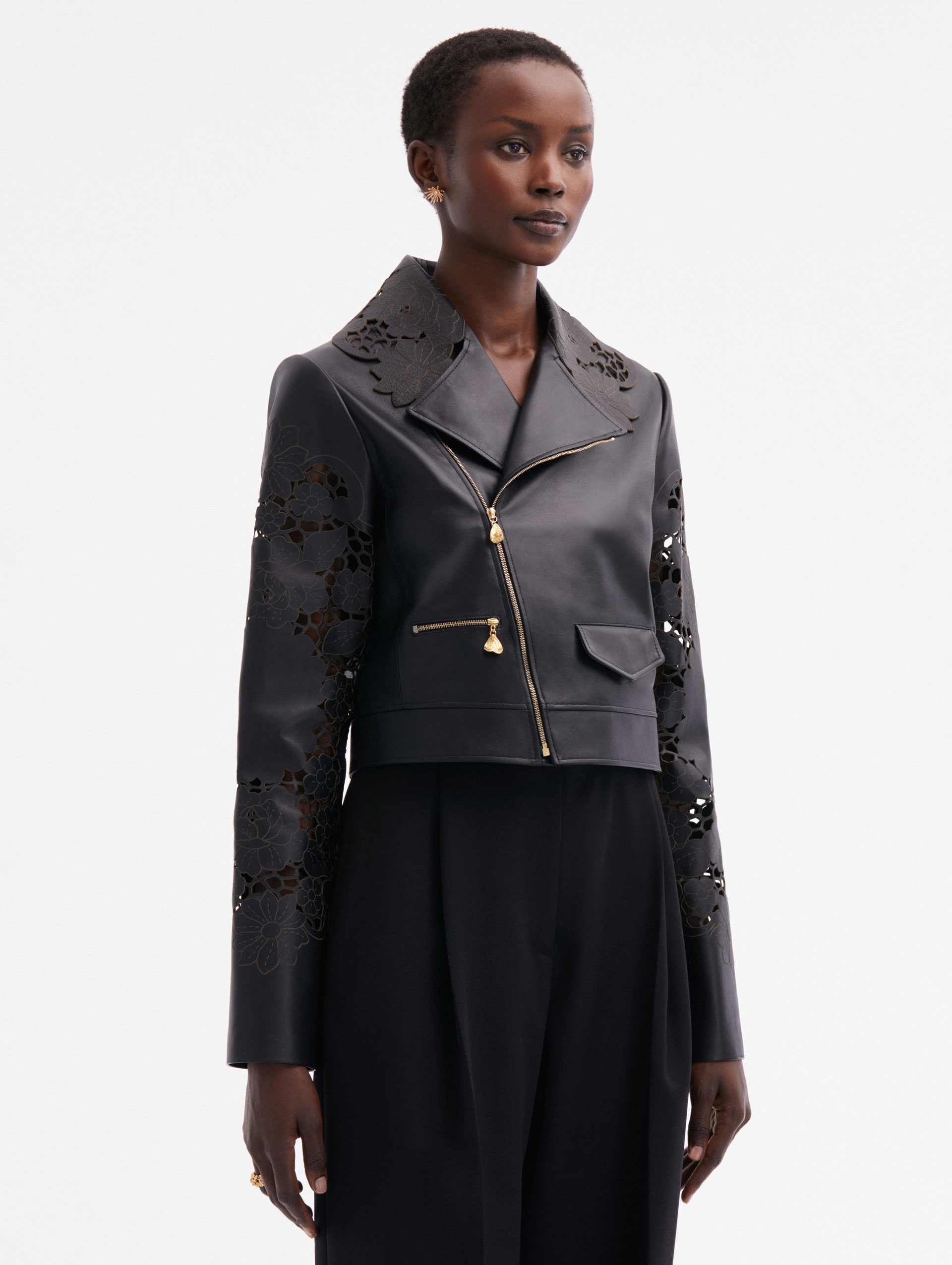 LASER CUT FLORAL LEATHER JACKET - 4