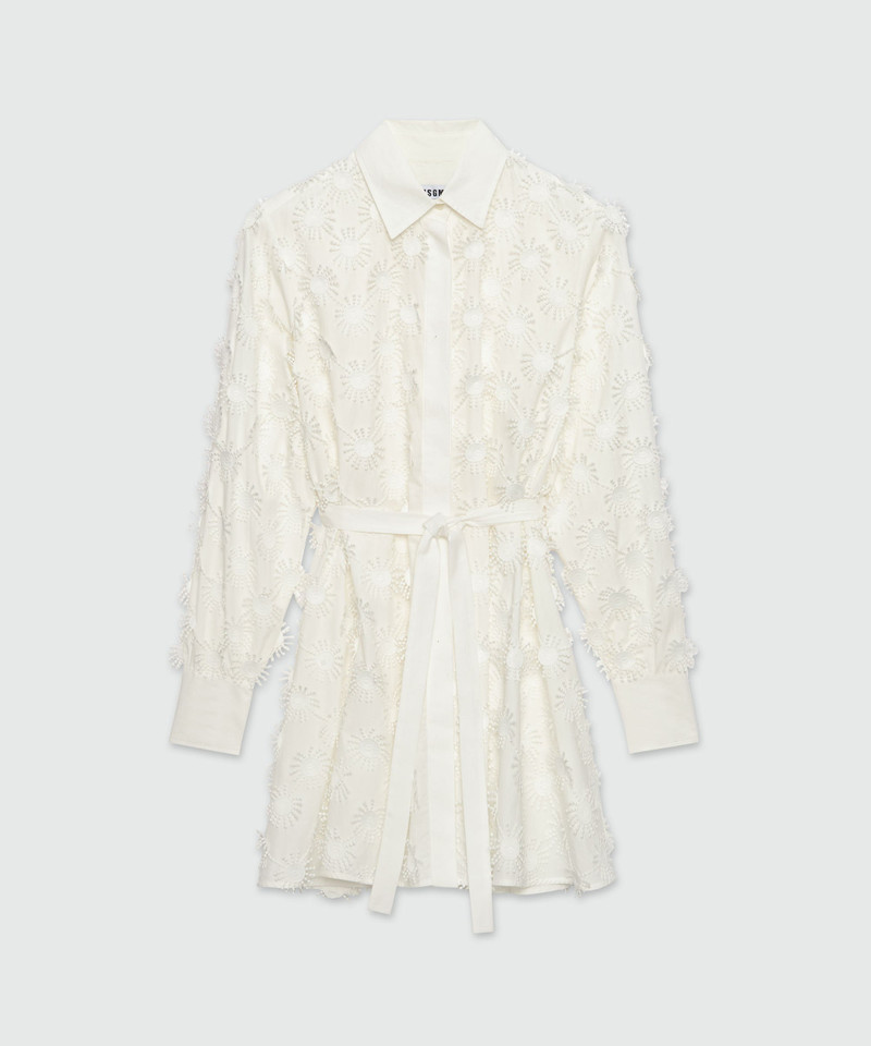 Short shirt dress in white poplin with embroidery - 1