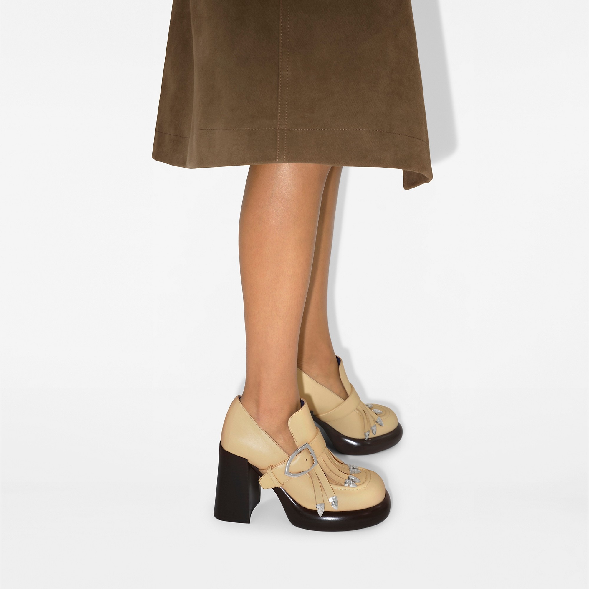 Leather Wedge Fringe Heeled Loafers - 7