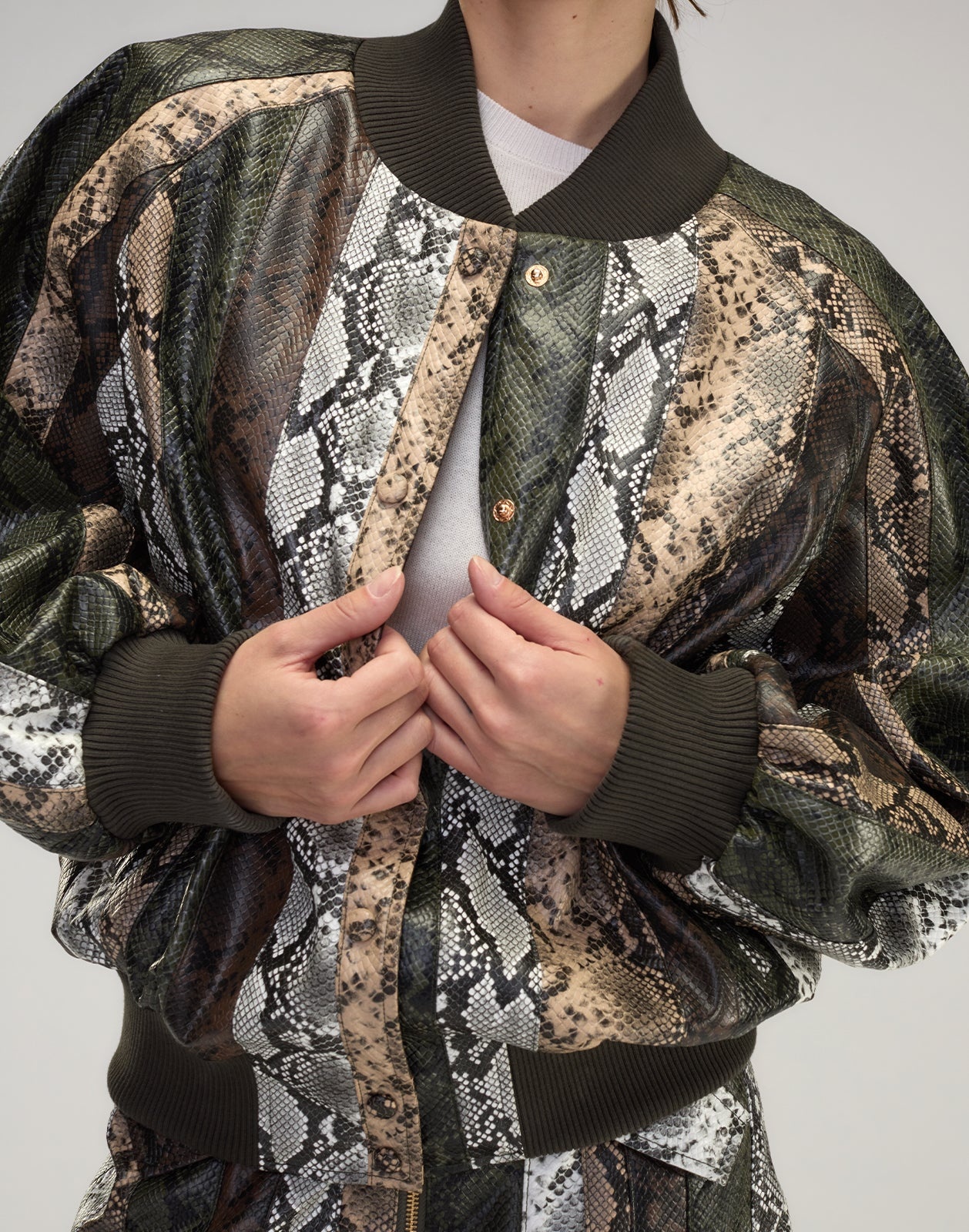 Snake-Embossed Vegan Leather Bomber Jacket - 3