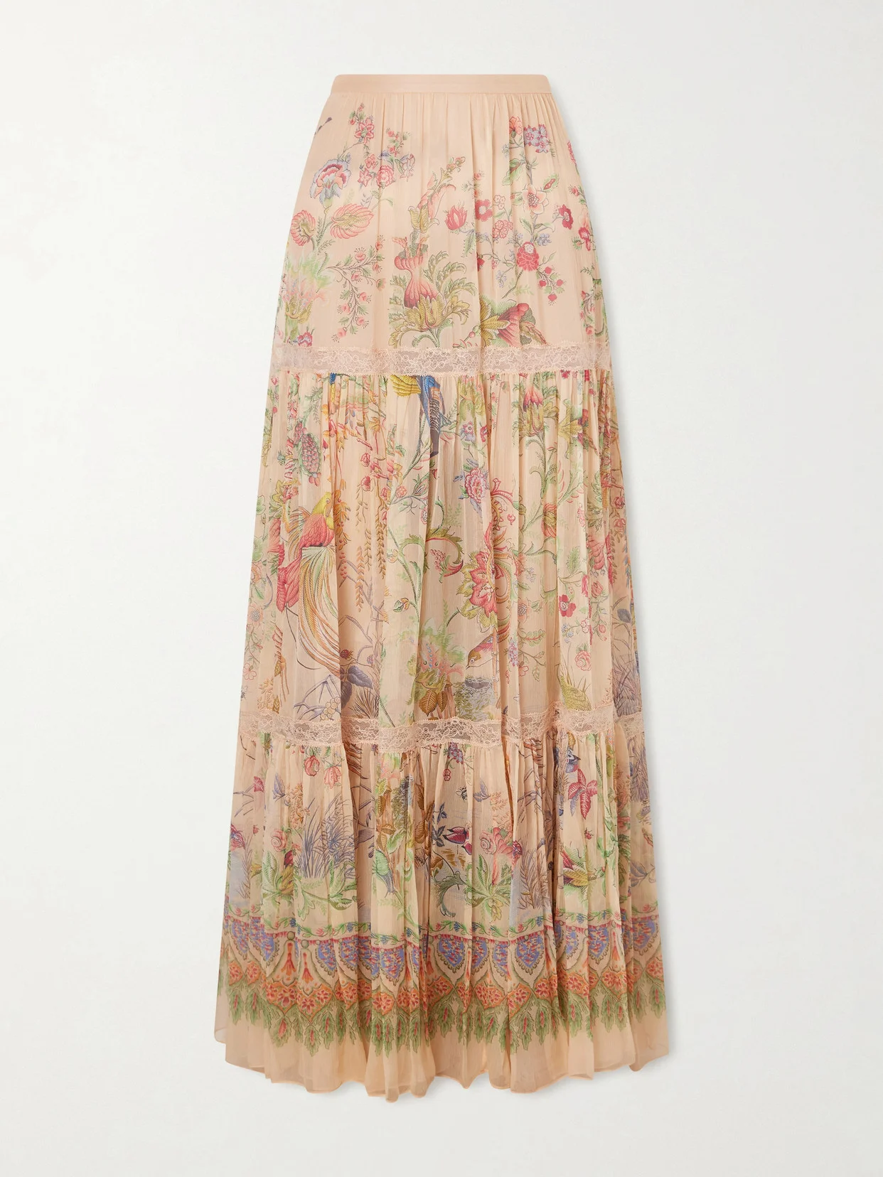Tiered Pleated Lace-trimmed Printed Silk Maxi Skirt - 1