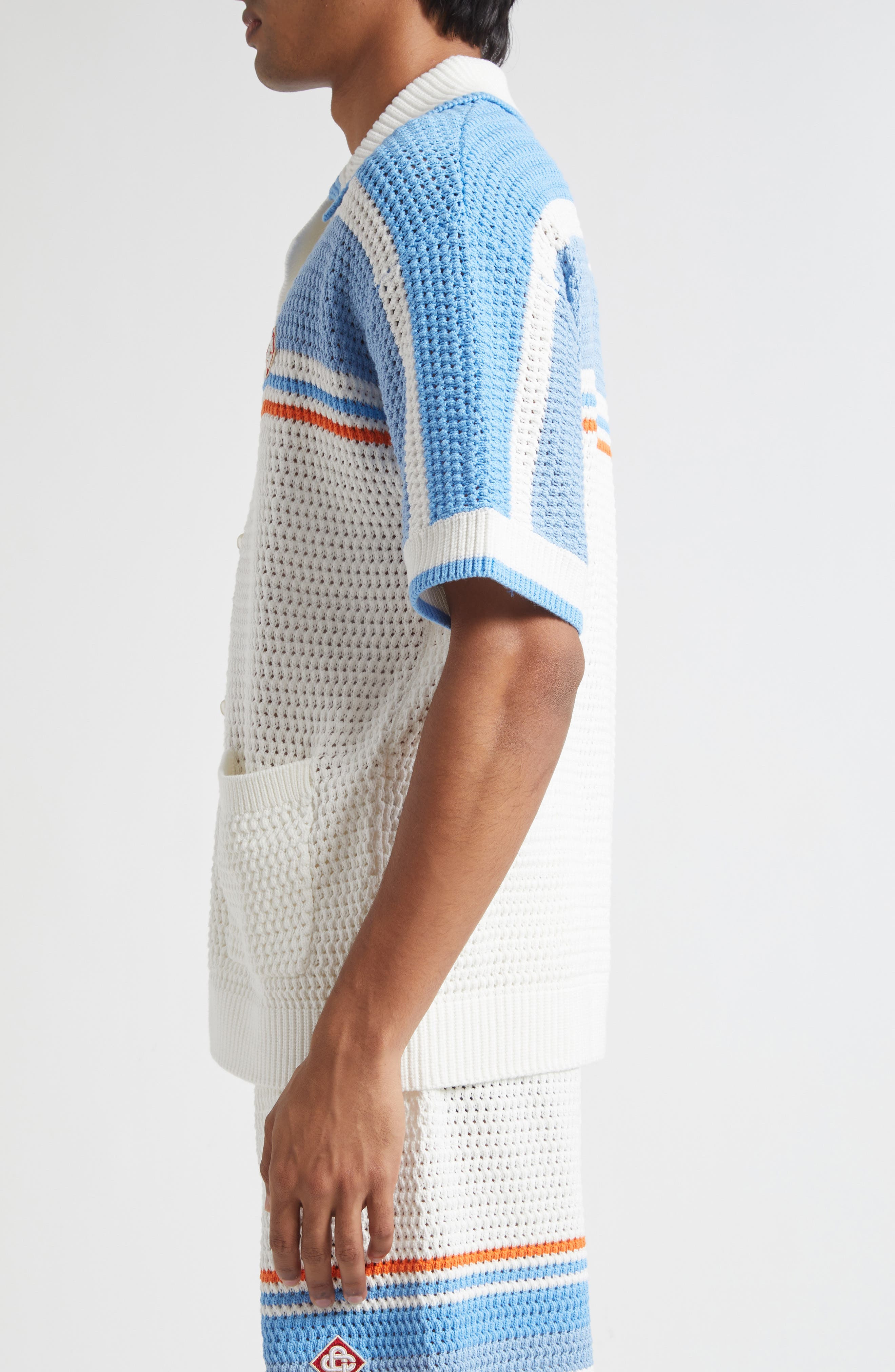 Casablanca Camp Collar Short Sleeve Cotton Crochet Cardigan in Blue Multi at Nordstrom - 3