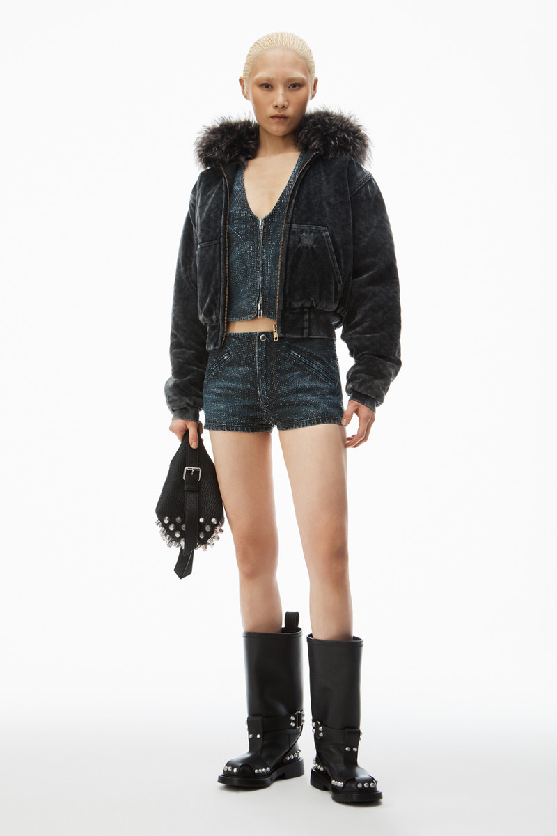 Alexander Wang clear crystal hotfix moto micro short in cotton denim outlook