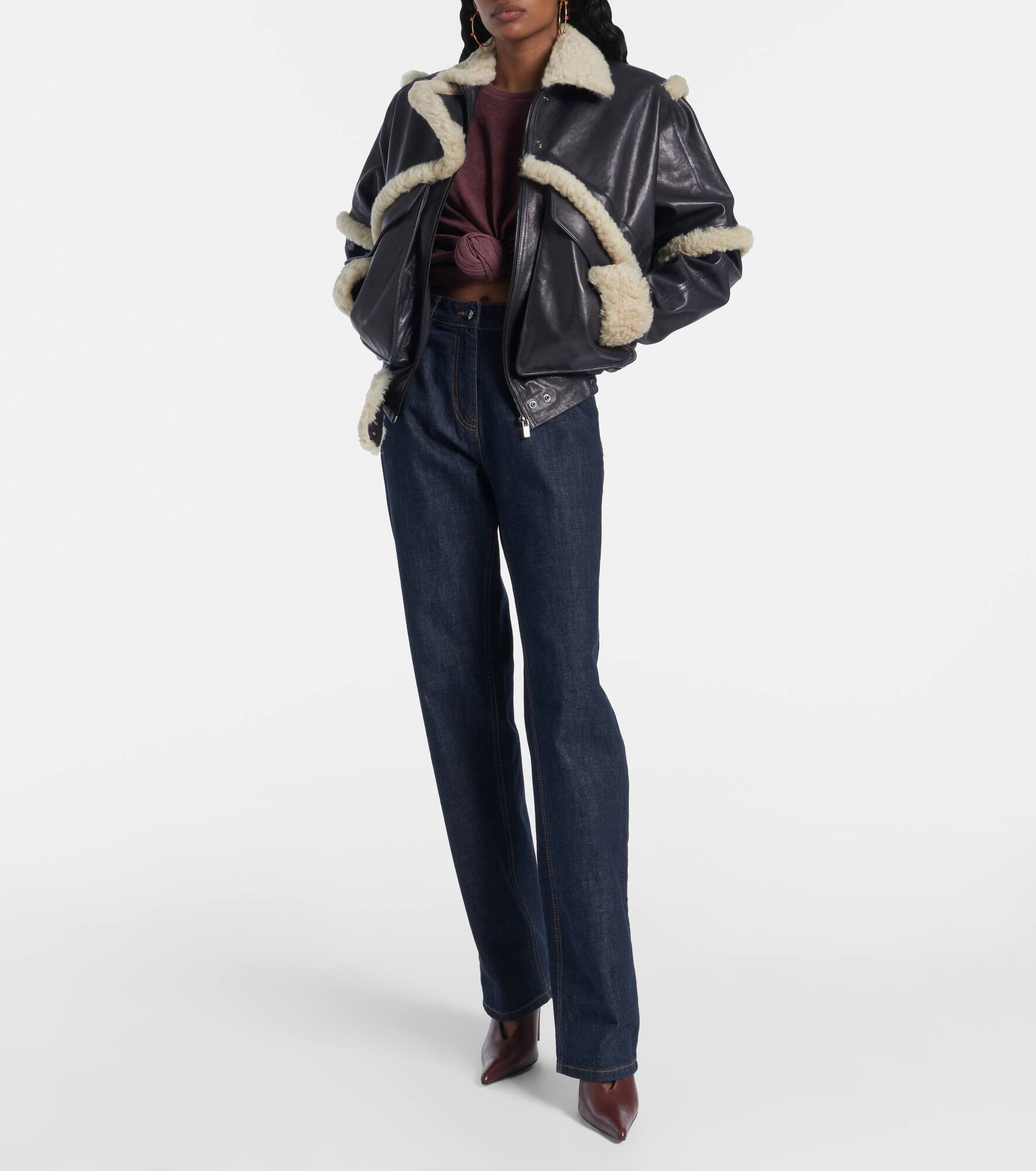 Shearling-trimmed leather bomber jacket - 2