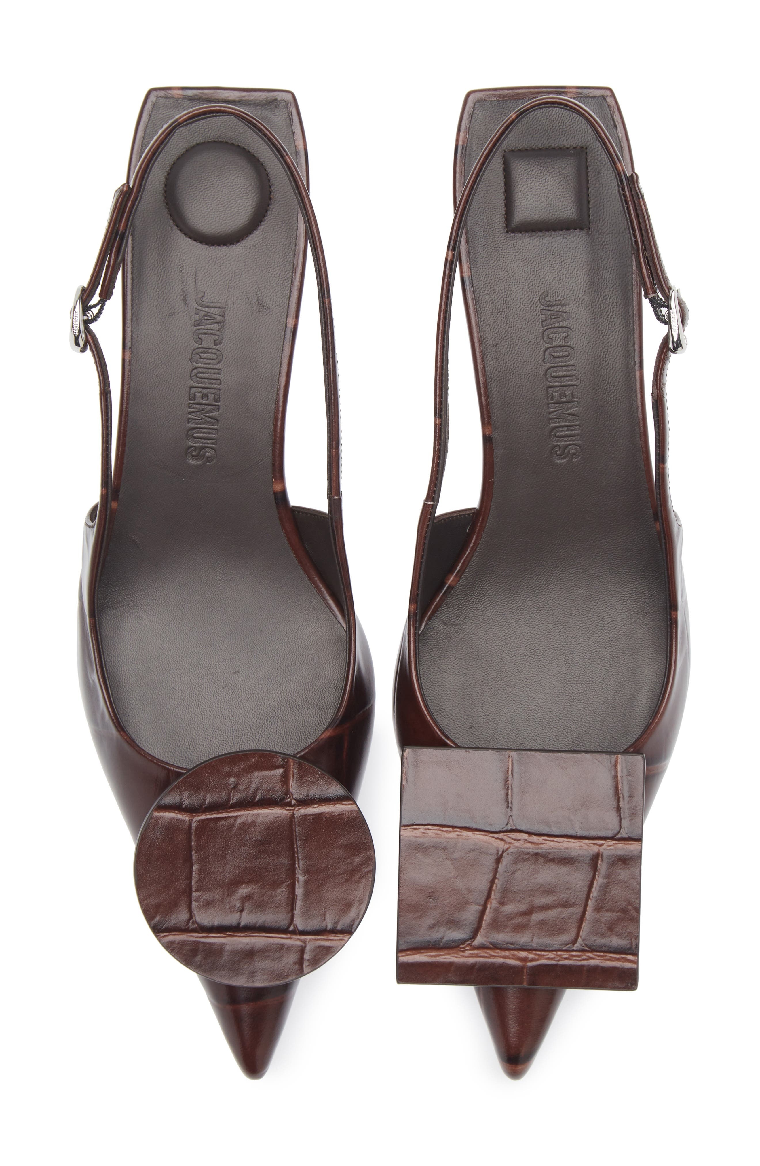 Jacquemus Les Duelo Mismatched Croc Embossed Kitten Heel Slingback Pump (Women) in Midnight Brown at - 5