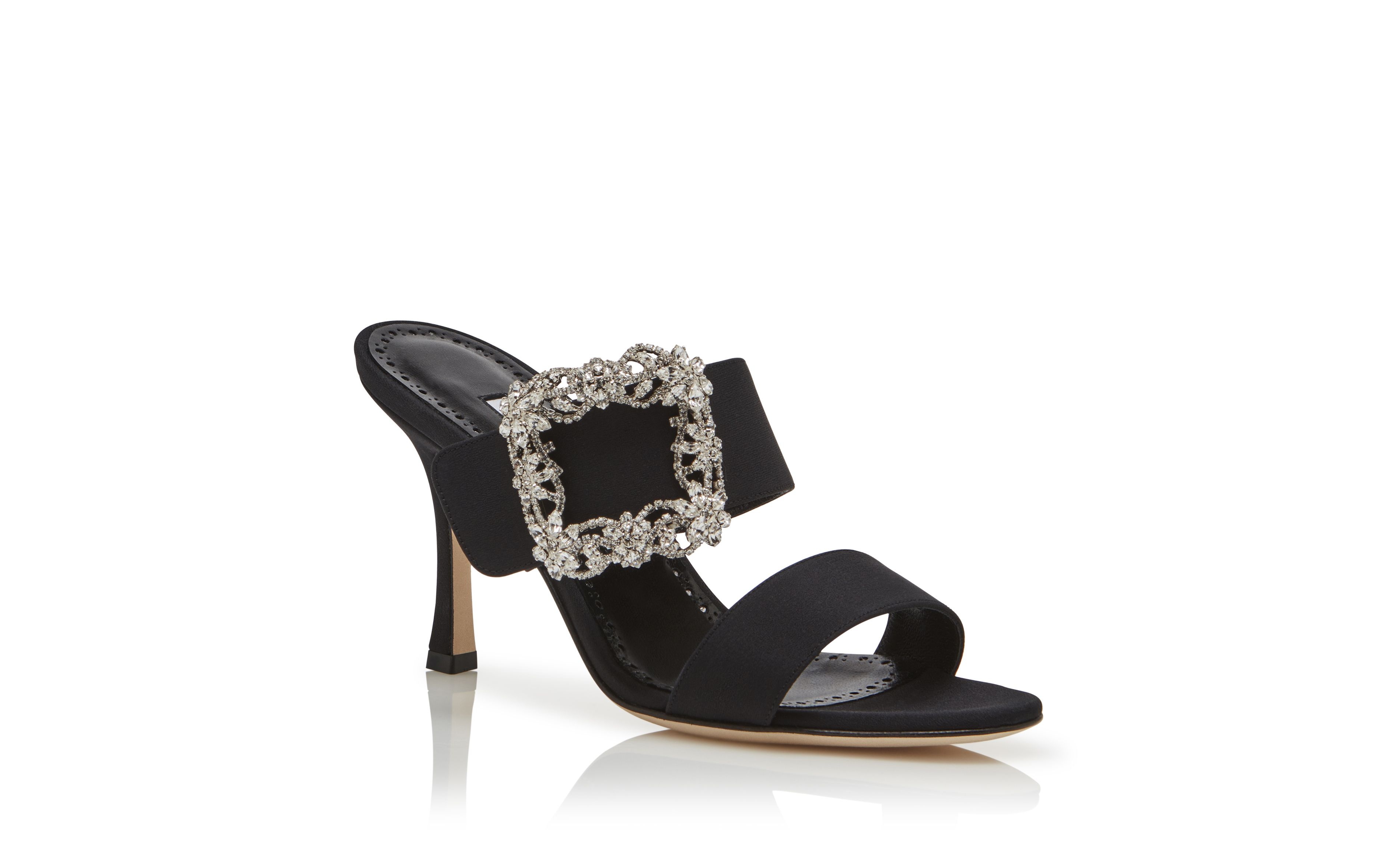 Black Crepe de Chine Jewel Buckle Mules - 3