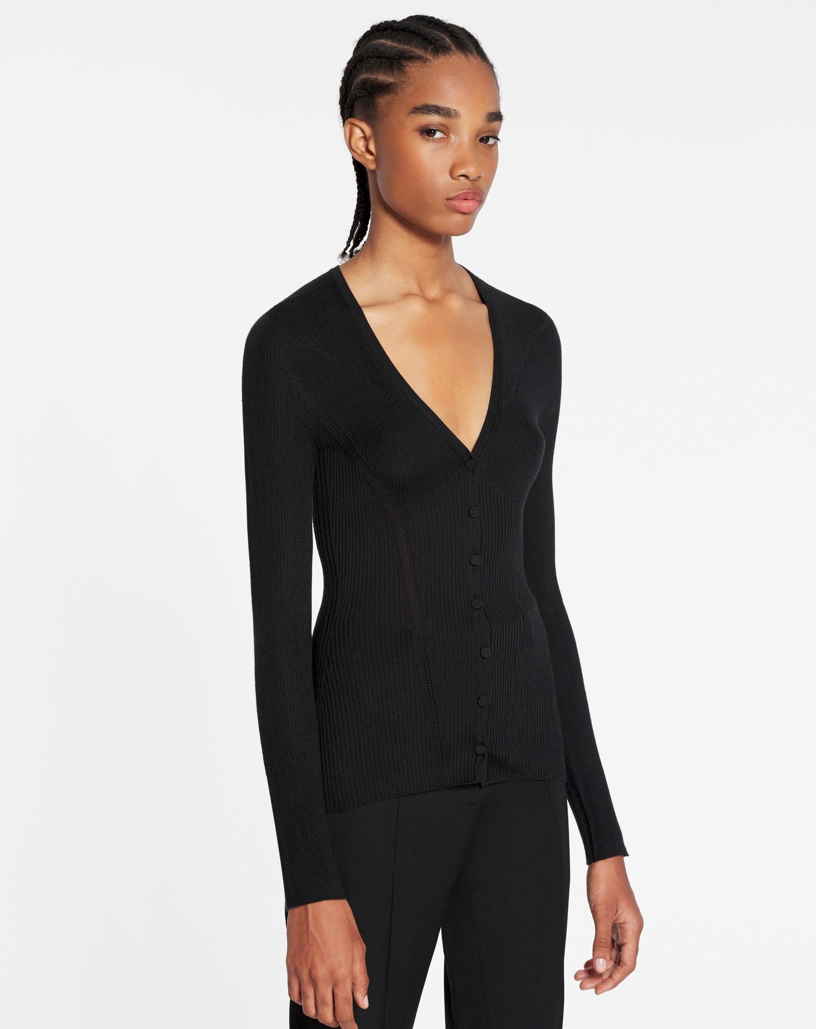 V NECK RIBBED CARDIGAN IN SILK AND CASHMERE - 3