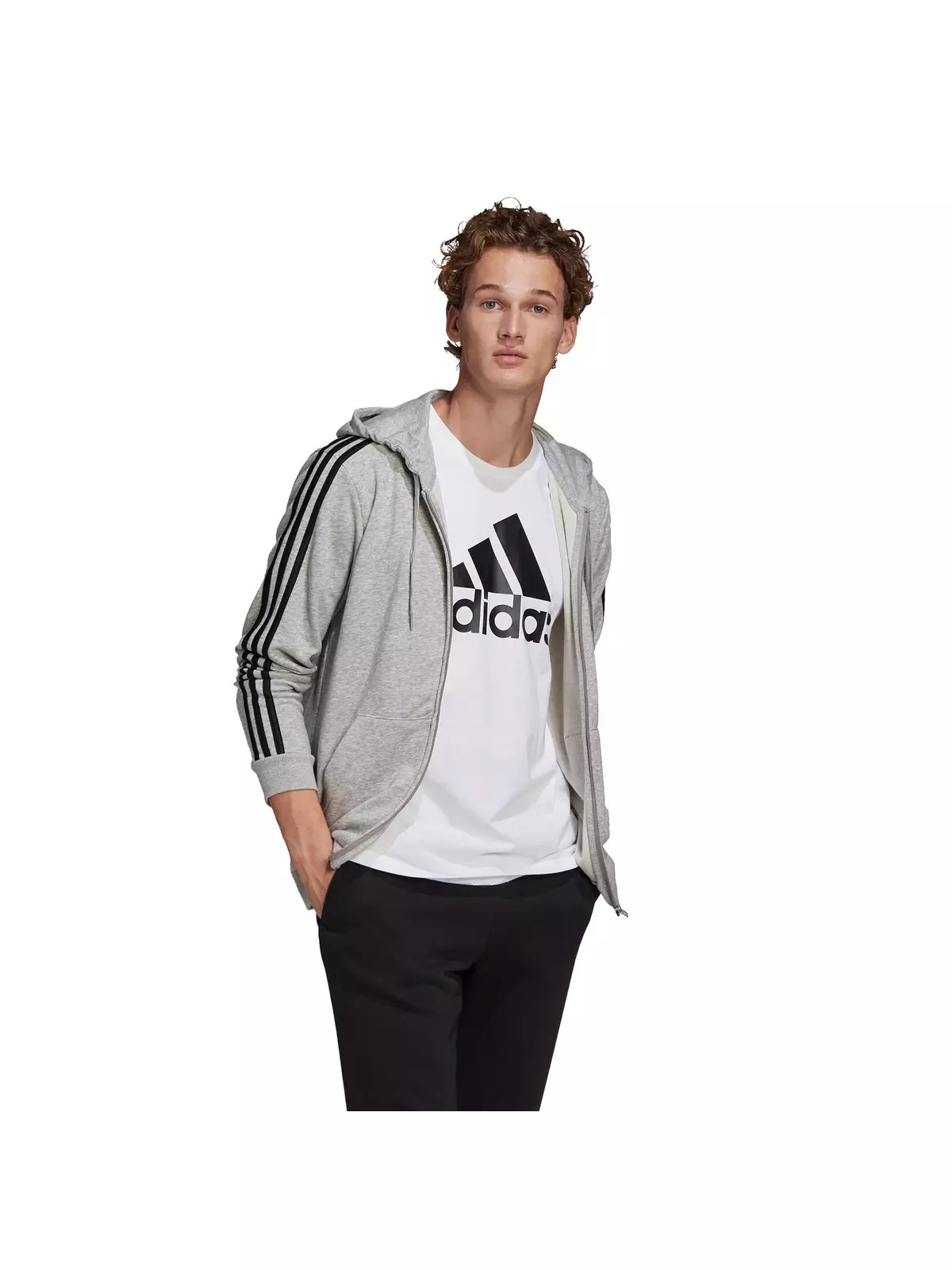 Men's Essentials French Terry 3-Stripes Gray/Black Full-Zip Hoodie - 3