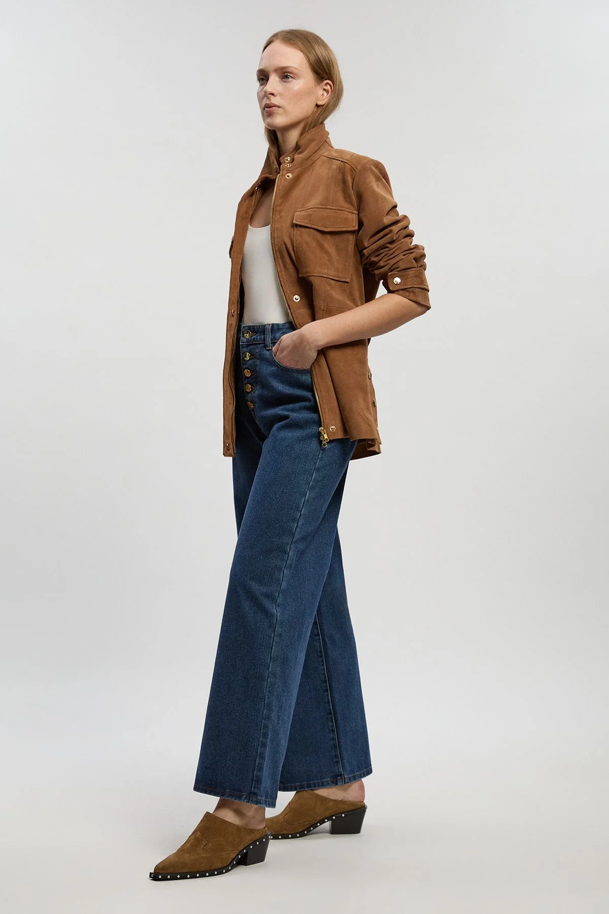 Denim Button Front Straight Leg Jean - 1