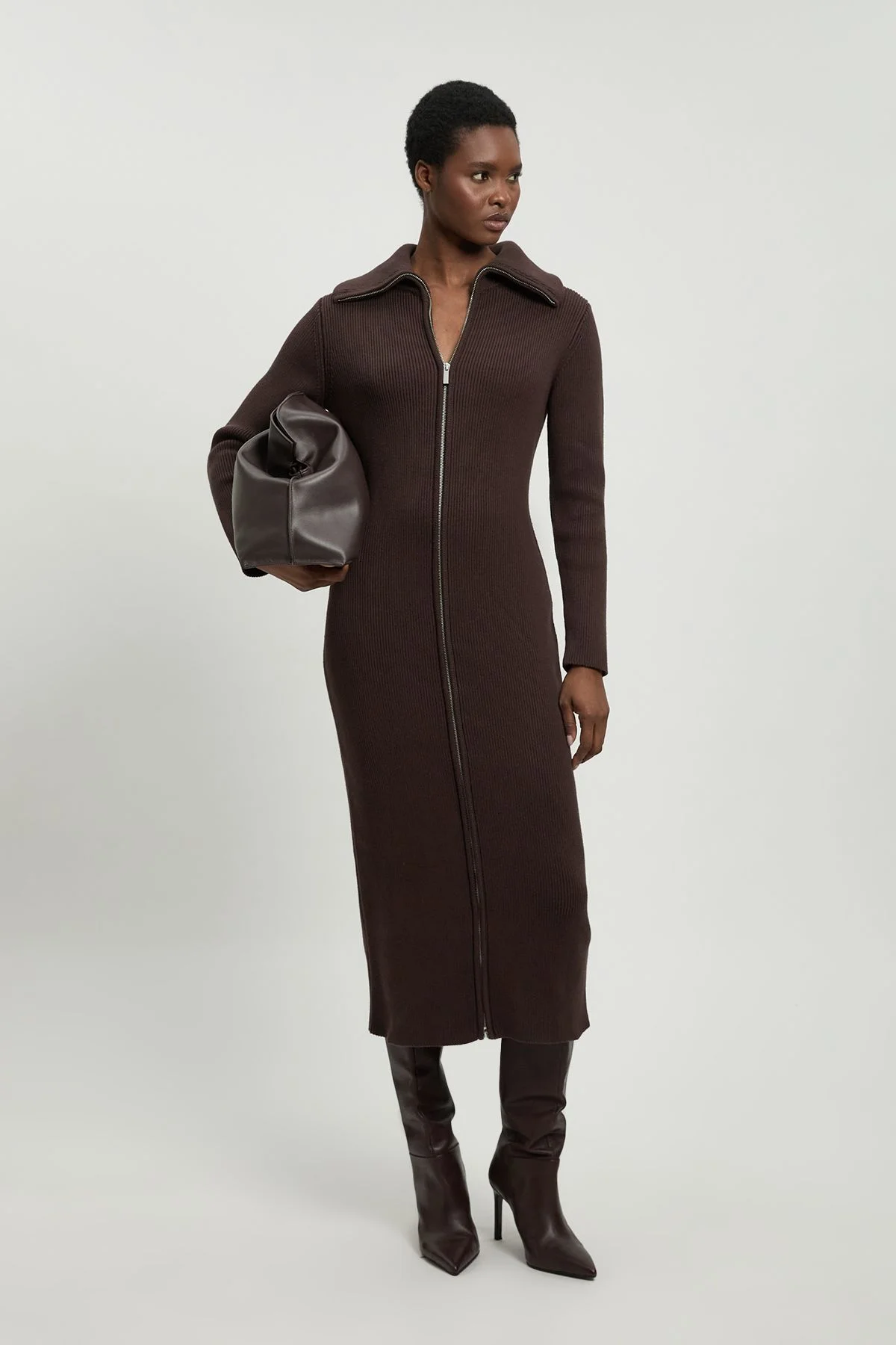 Cotton Zip Through Collar Knitted Midi Dress - 1