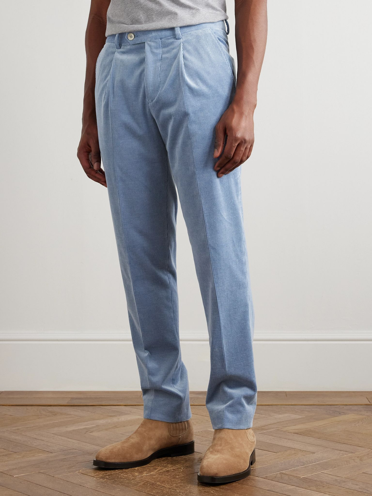Straight-Leg Pleated Stretch Cotton and Cashmere-Blend Corduroy Suit Trousers Blue - 3