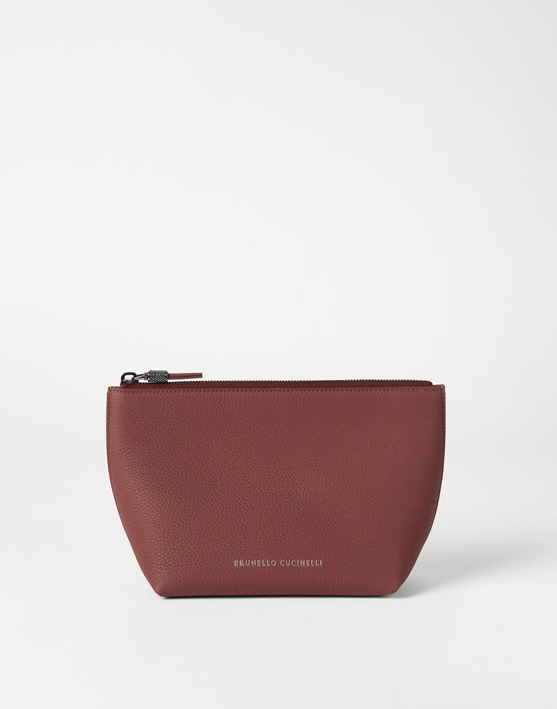 Grained calfskin pouch with shiny zipper pull 1