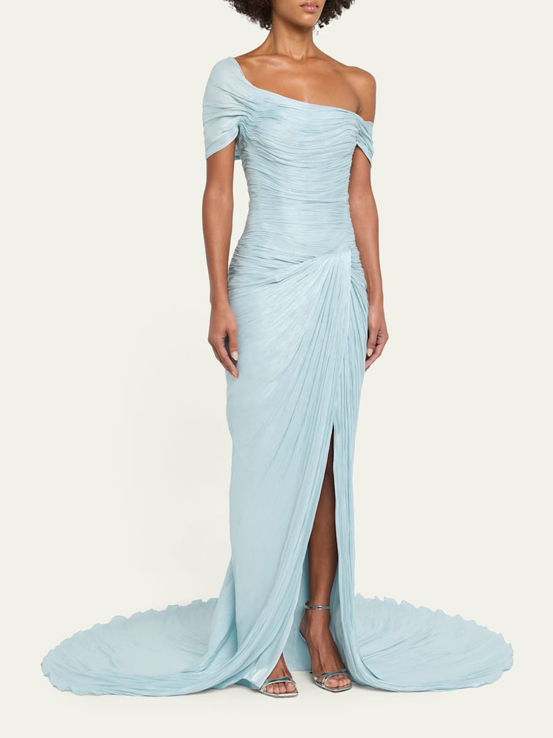 Off-The-Shoulder Pleated Satin Twisted Slit Gown 4