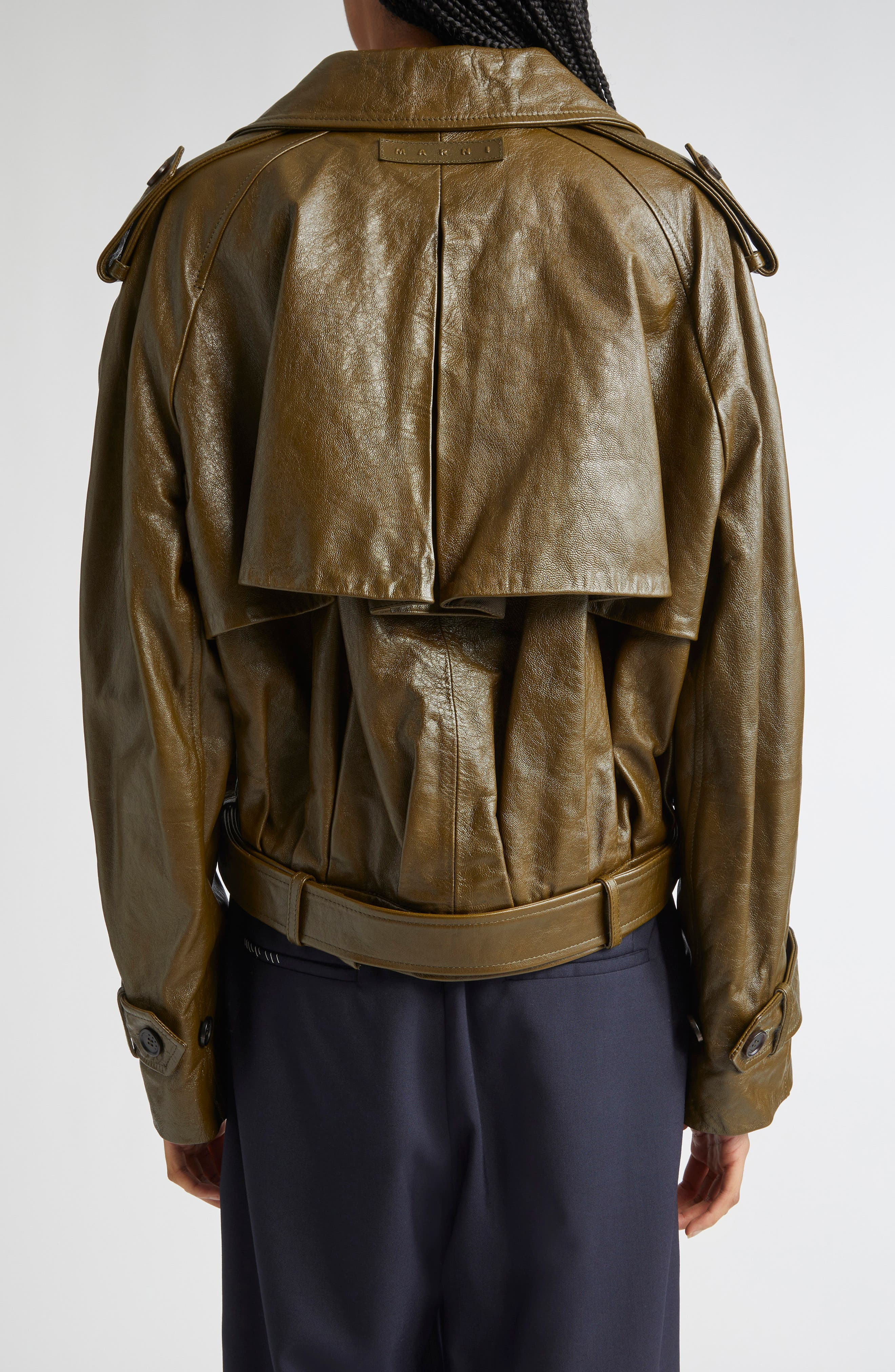 Marni Leather Crop Trench Coat in 00V58 Deep Sage at Nordstrom - 3