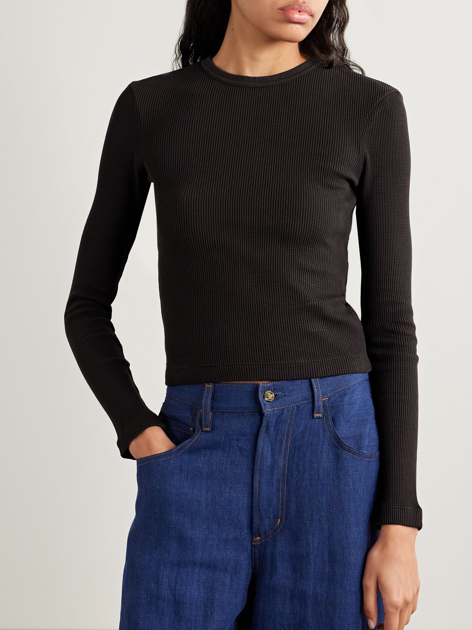 Pilar waffle-knit cotton T-shirt Chocolate - 3