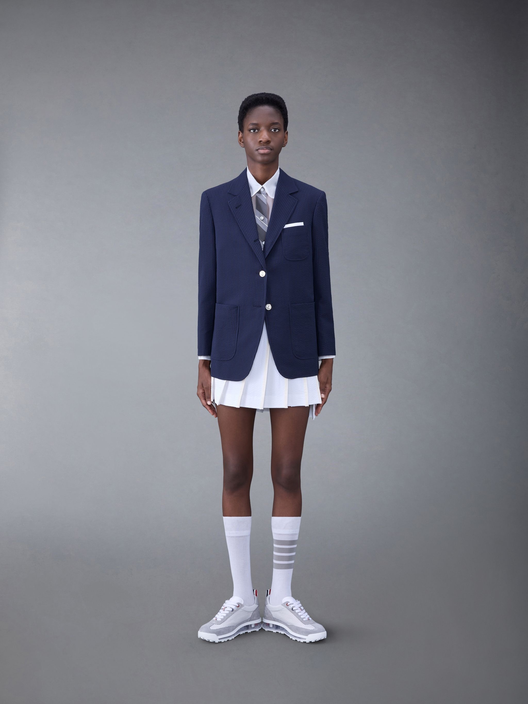 Cotton Seersucker Tipping Pleated Mini Skirt - 4