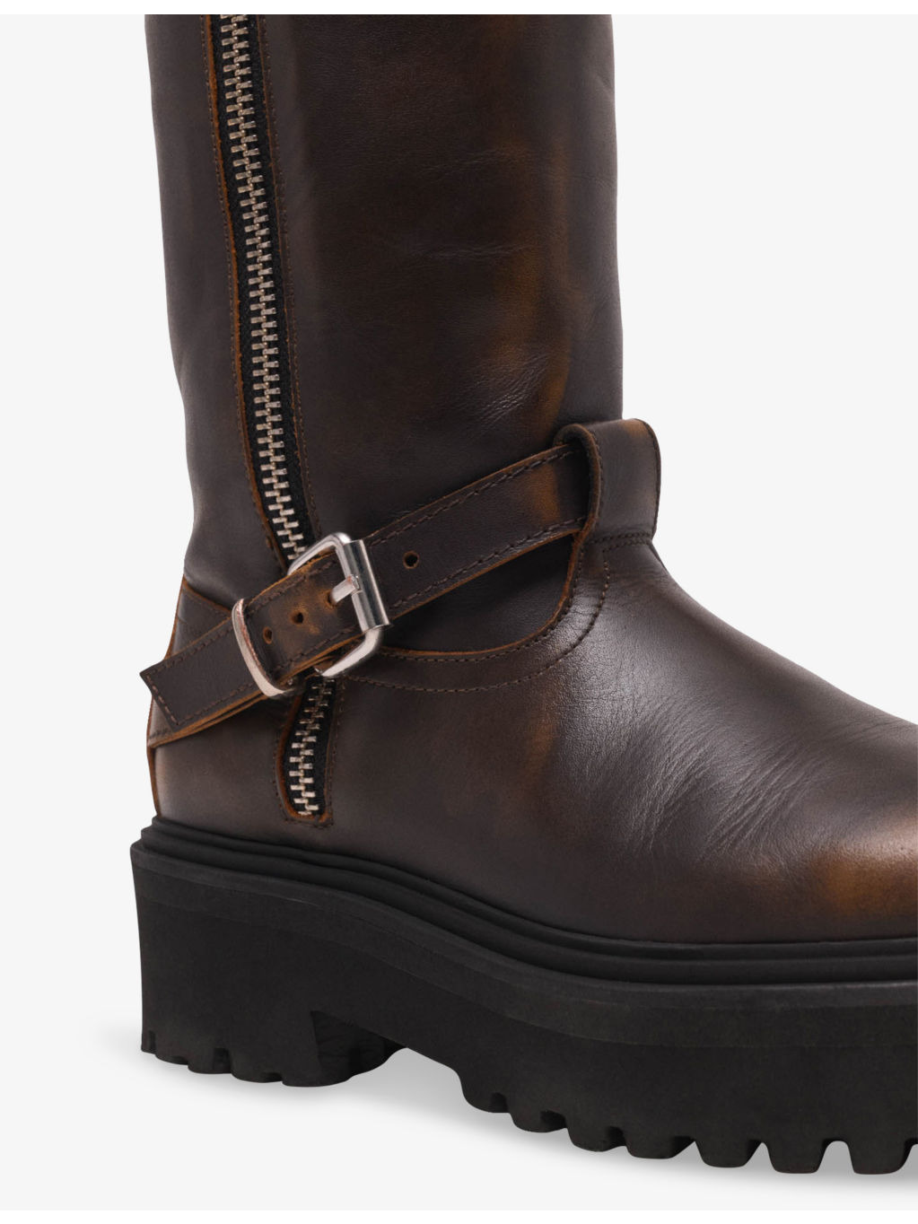 Knee-Length Flat Leather Biker Boots - 6