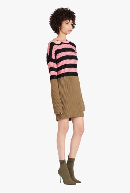 Salmon pink and black striped eco-designed wool dress - 7