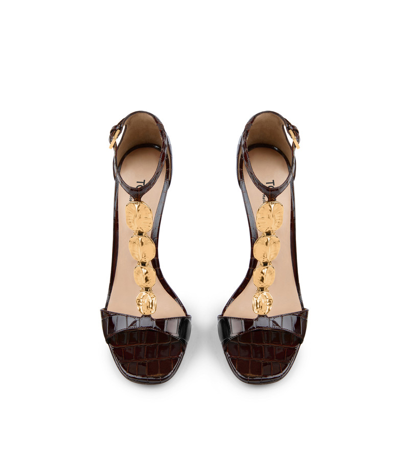 GLOSSY STAMPED CROCODILE LEATHER TITAN T STRAP SANDAL 4